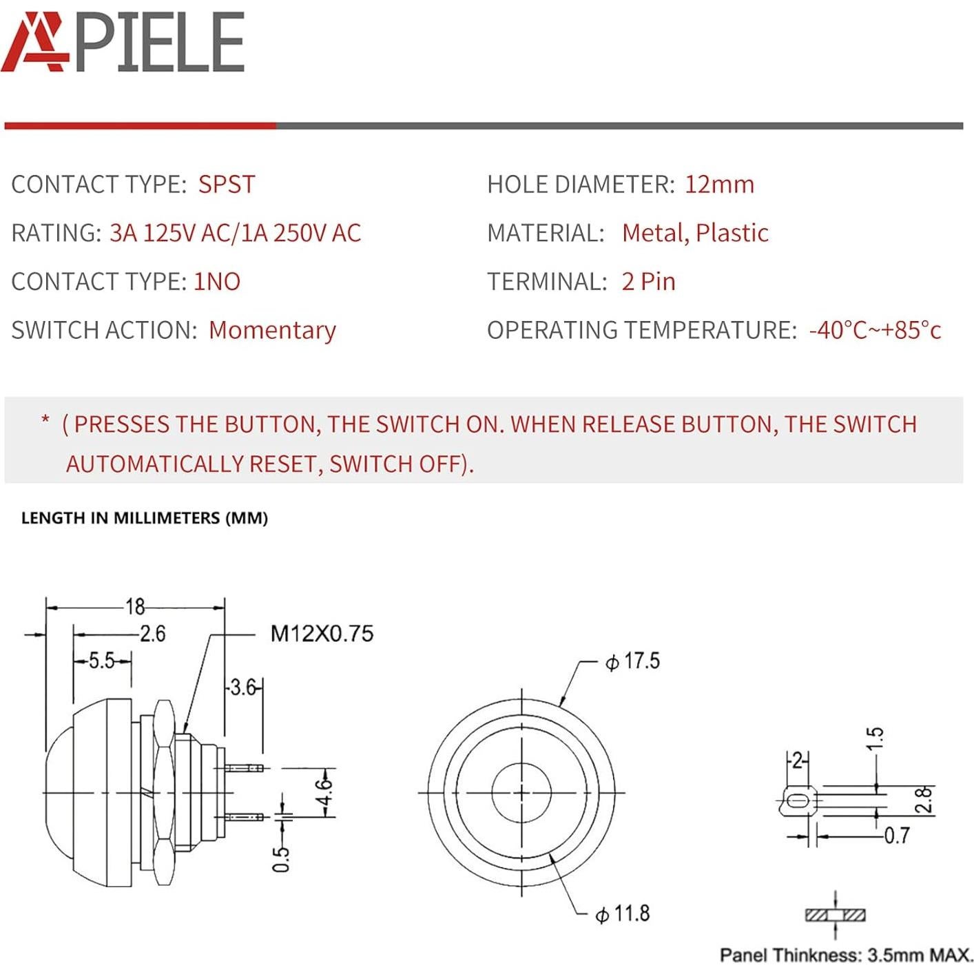 Interruptor Pulsador Momentáneo APIELE 12mm Rojo 6 Pcs