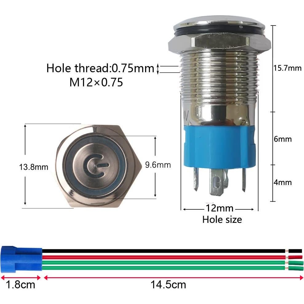 Interruptor de Botón Pulsador Gebildet 12mm Acero Inoxidable LED
