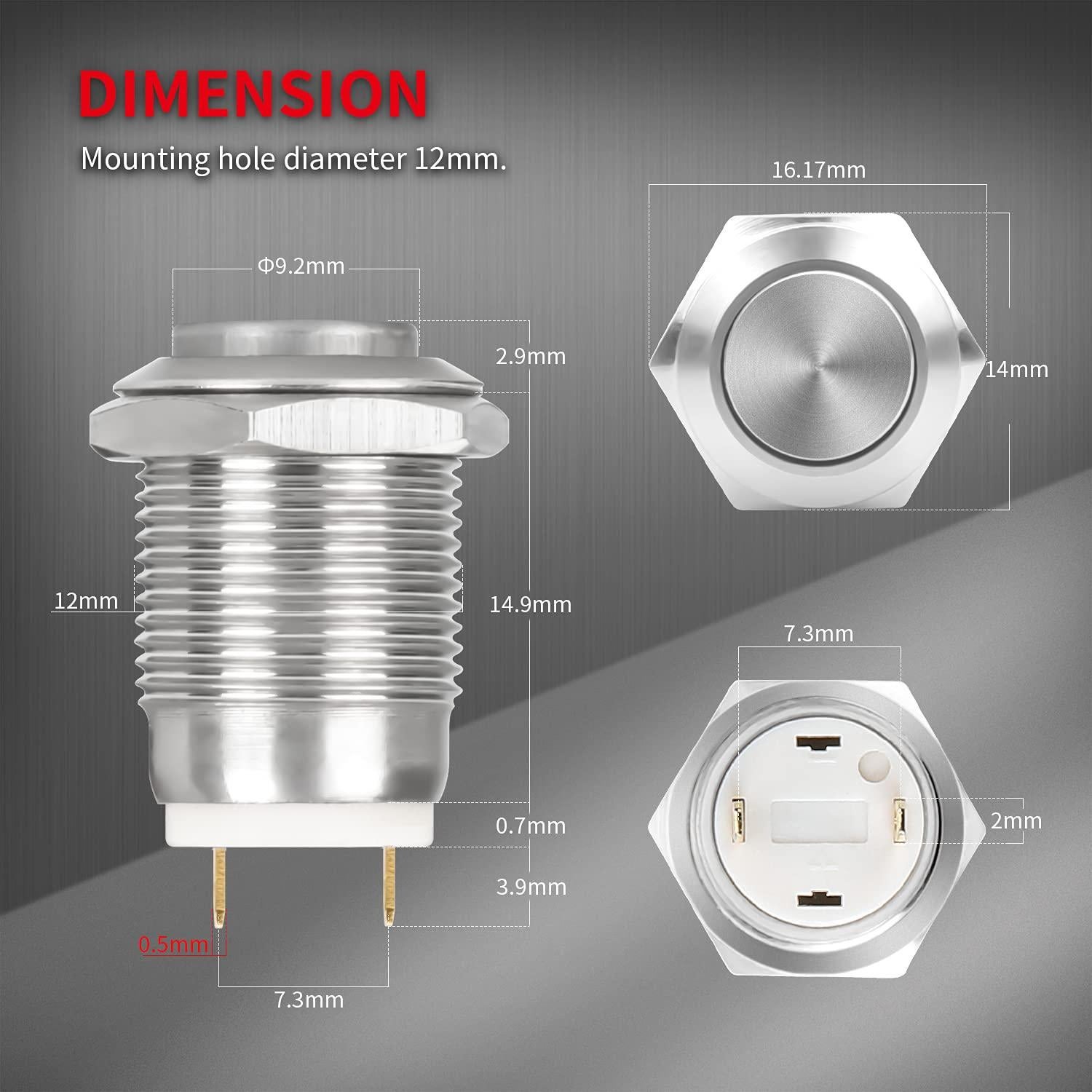 Interruptor de Botón Momentáneo 12mm DaierTek IP65 Acero Inoxidable