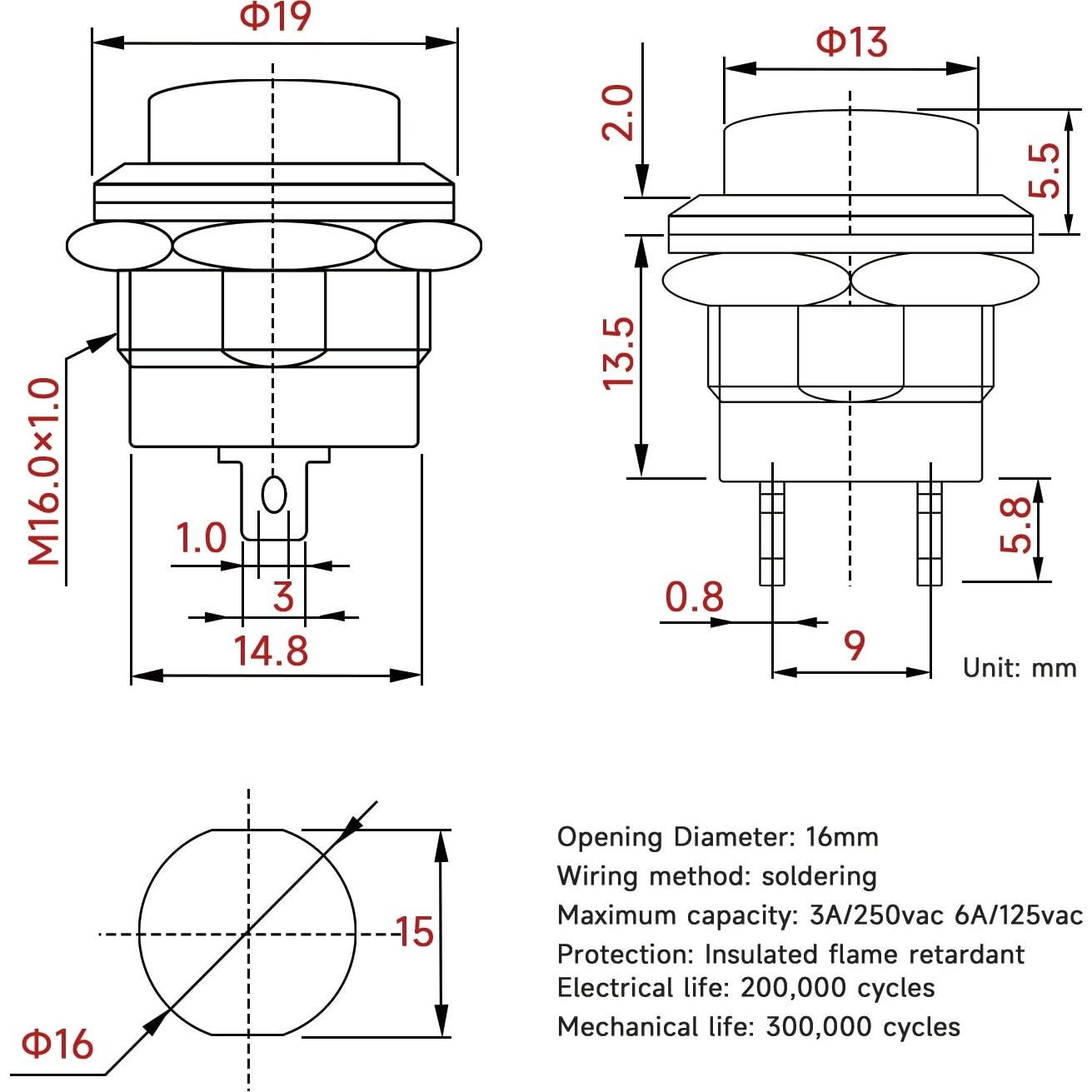 30 Interruptores de Botón Momentáneo 15mm Tmyjfjingxi