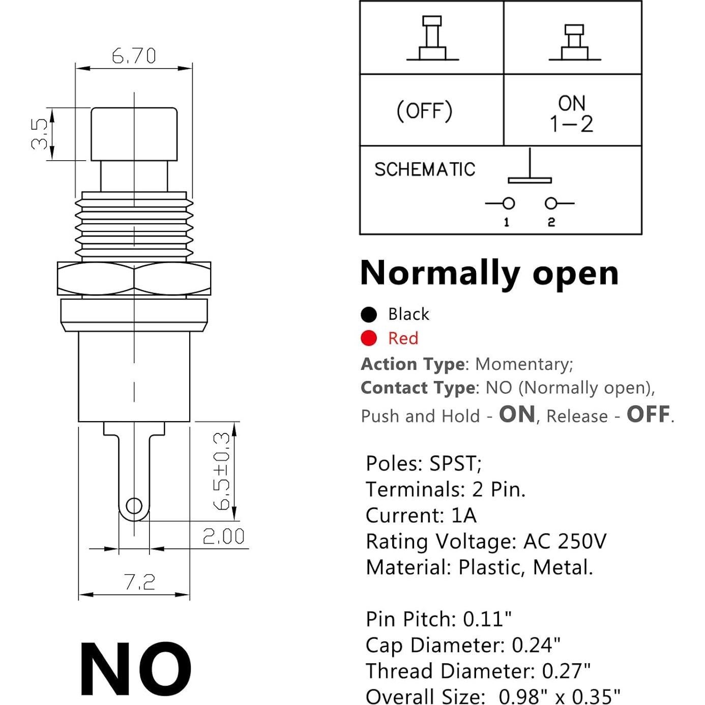 Interruptor Momentáneo Clyxgs 2 Pines 1A 250V AC Negro y Rojo 30 PCS