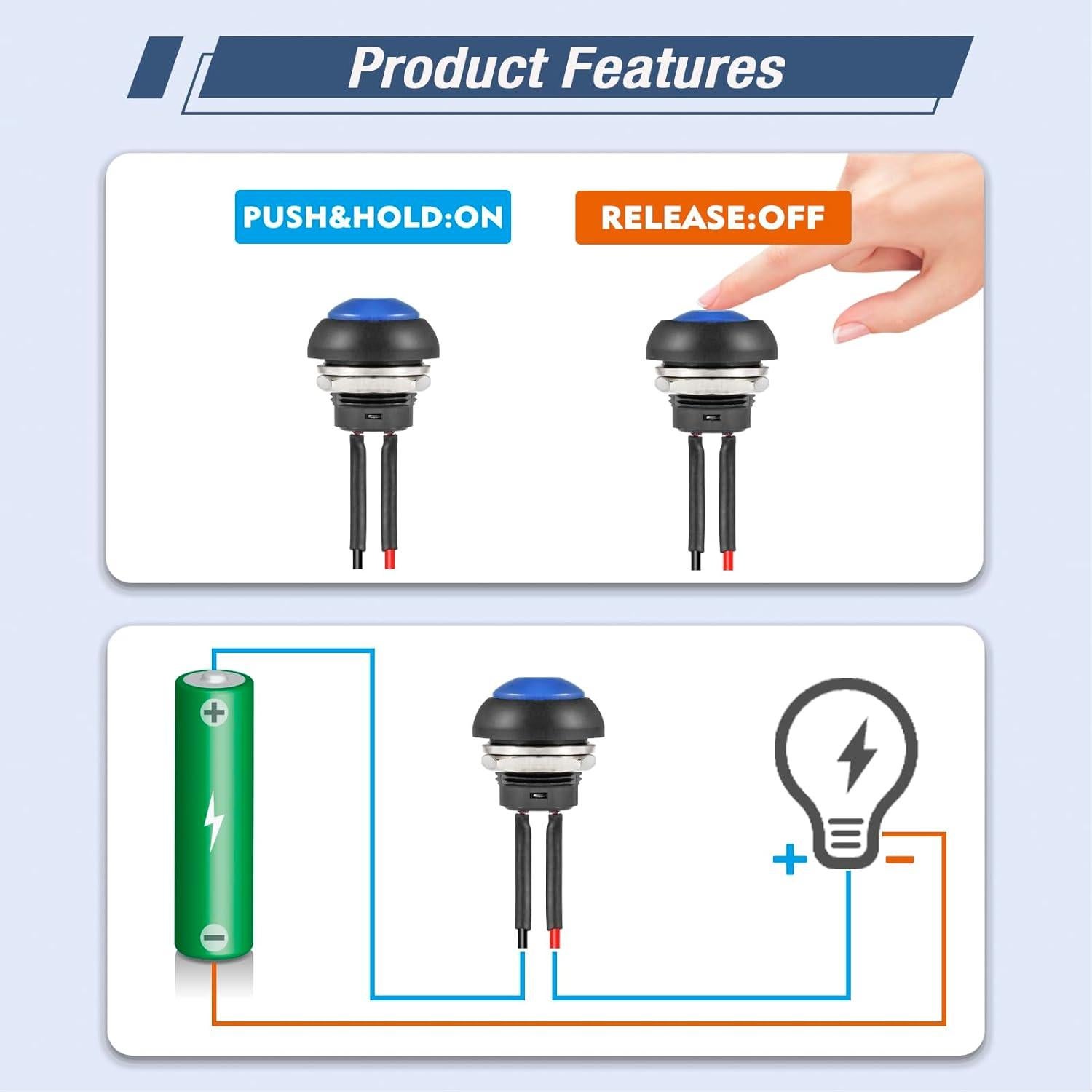 Interruptor Momentáneo a Prueba de Agua VEXUNGA 12MM Azul 6Pcs