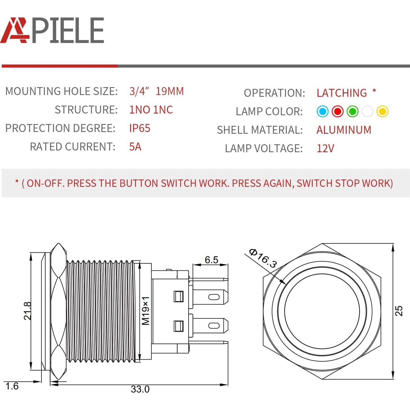 Interruptor Pulsador APIELE 19mm 12V CC Metal LED Amarillo