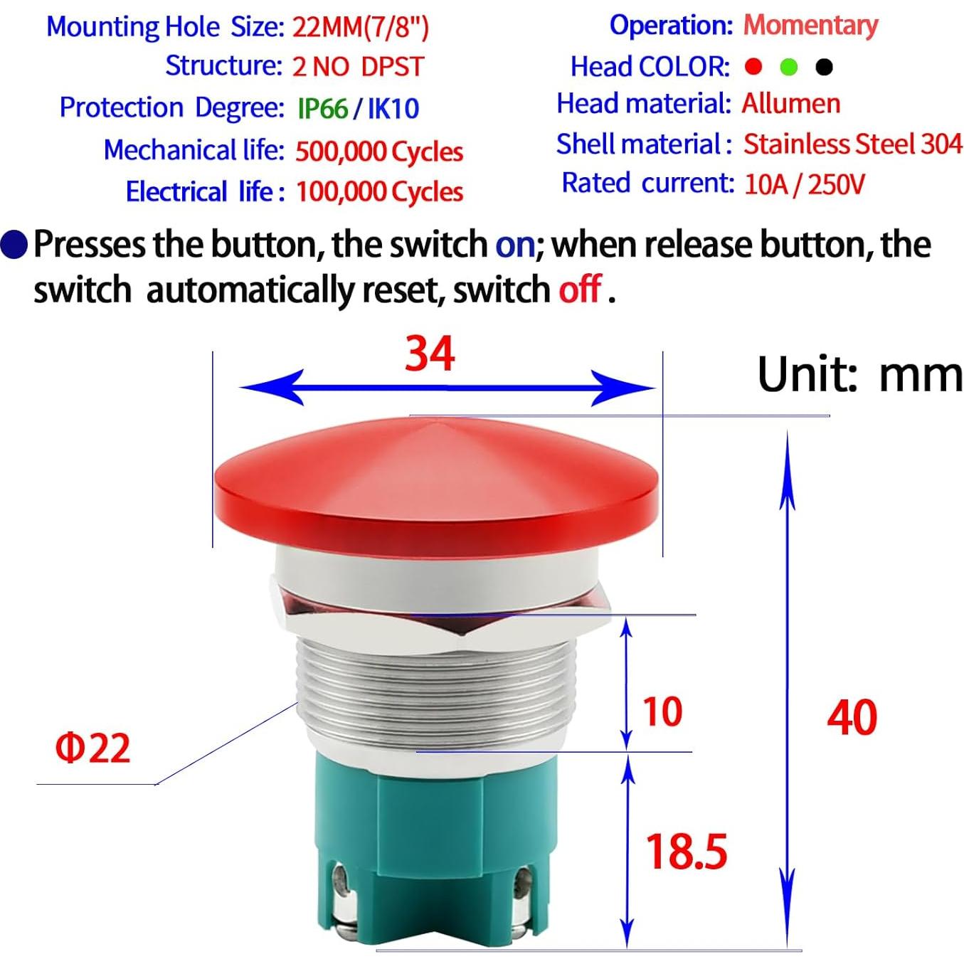 Interruptor pulsador ZJWZJH 10A 22mm Rojo IP66 Acero inoxidable