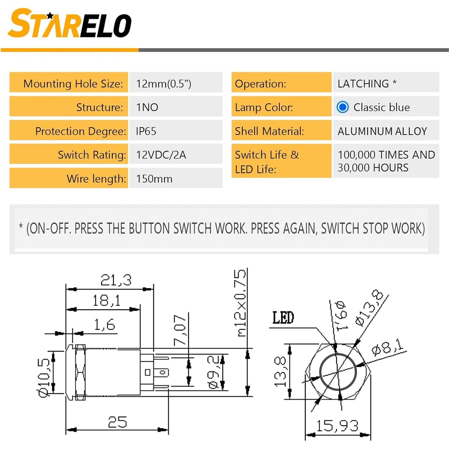 Interruptor de Botón Pulsador STARELO 12mm LED Azul IP65 - 5pcs