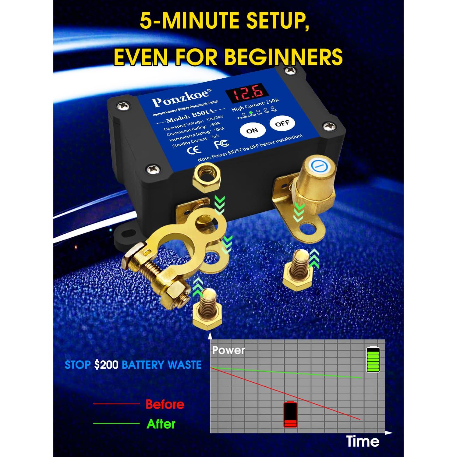 Interruptor de Desconexión de Batería Inteligente 250A 12V/24V Ponzkoe