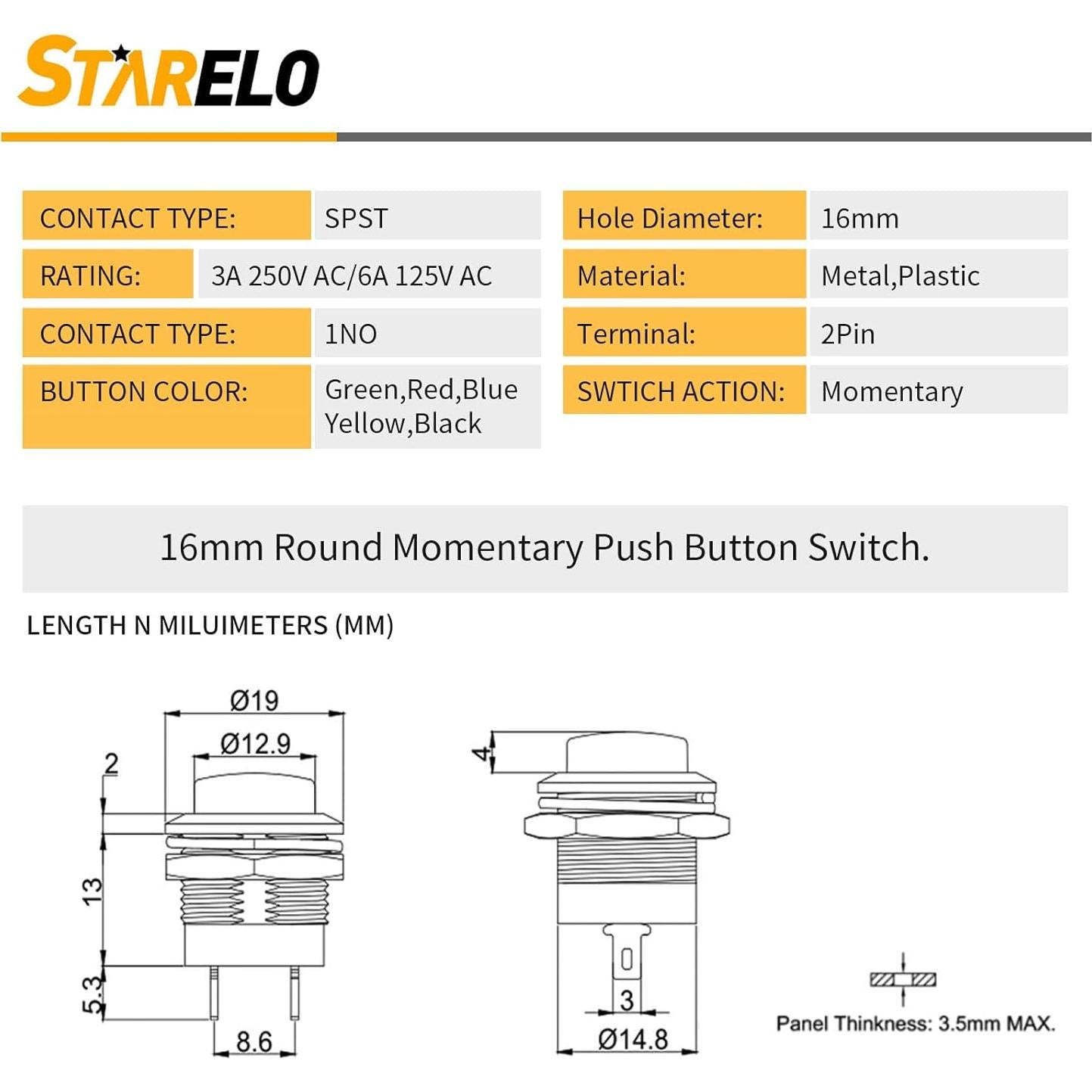 Interruptor de Botón Redondo STARELO R13-507 16mm Rojo 5Pcs