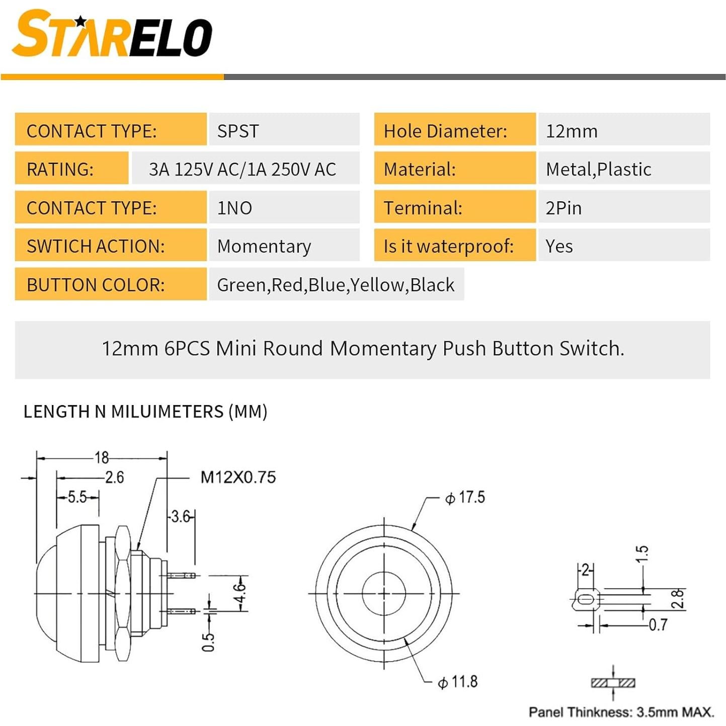 Interruptor de Botón Redondo STARELO 12mm 6PCS SPST 3A 125V