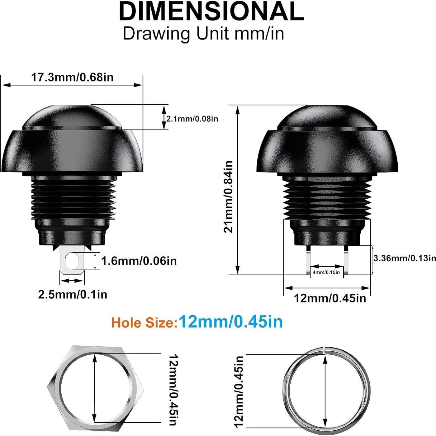 Interruptor de Botón Momentáneo DIYhz 12mm Normal Abierto 14pcs