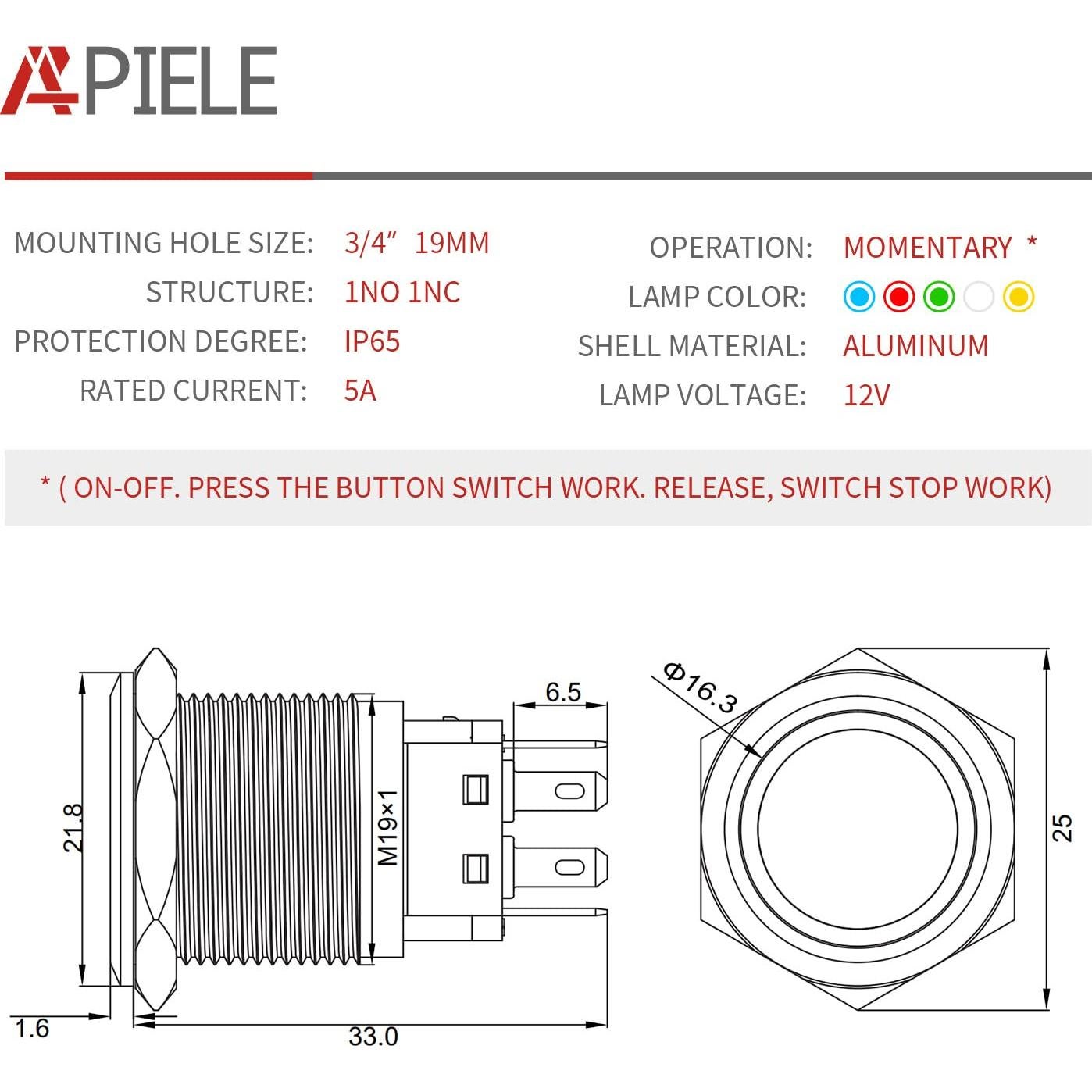Interruptor de Botón Momentáneo APIELE 19mm LED Azul Aluminio