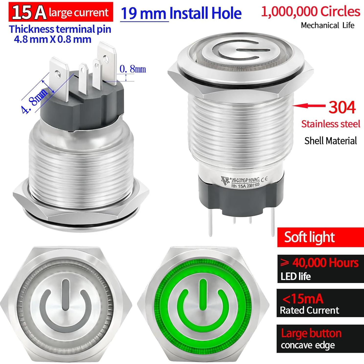 Interruptor de Botón de Presión 15A 19mm ZJWZJH ON/OFF LED