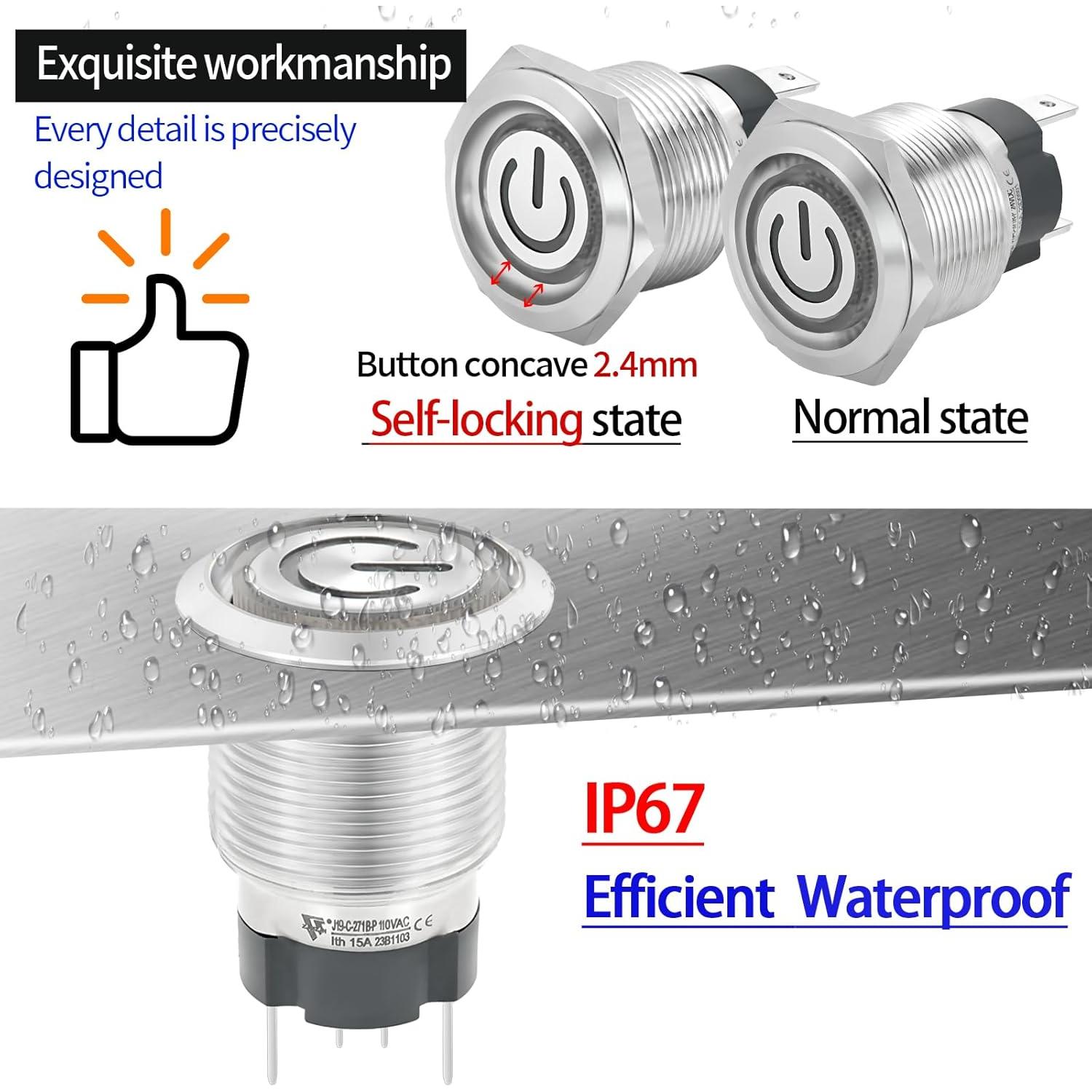 Interruptor de Botón de Presión 15A 19mm ZJWZJH ON/OFF LED