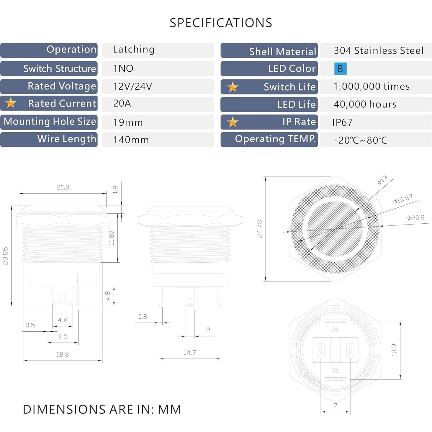 Interruptor pulsador de acero inoxidable LED 12-24V 20A Azul