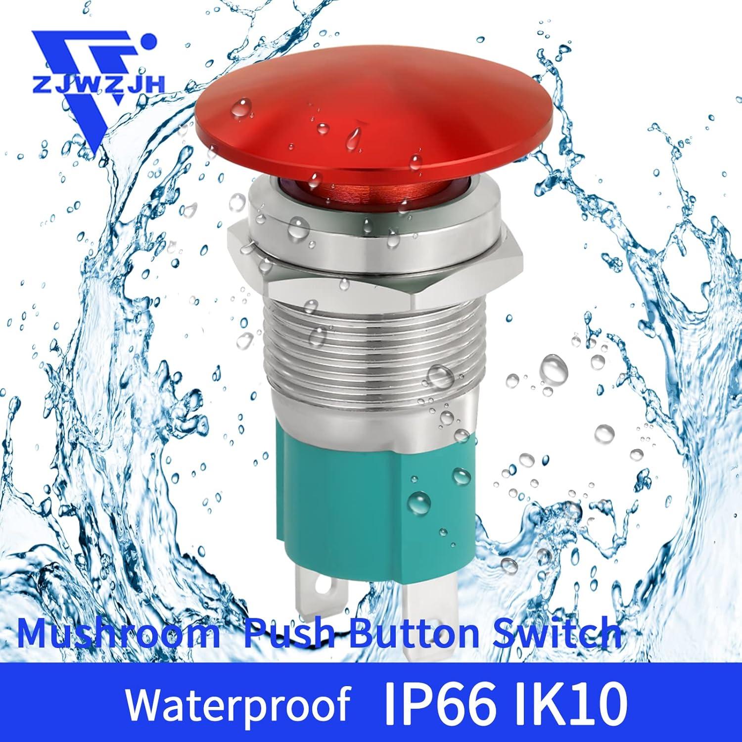 Interruptor pulsador 10A ZJWZJH 16mm Rojo a prueba de agua