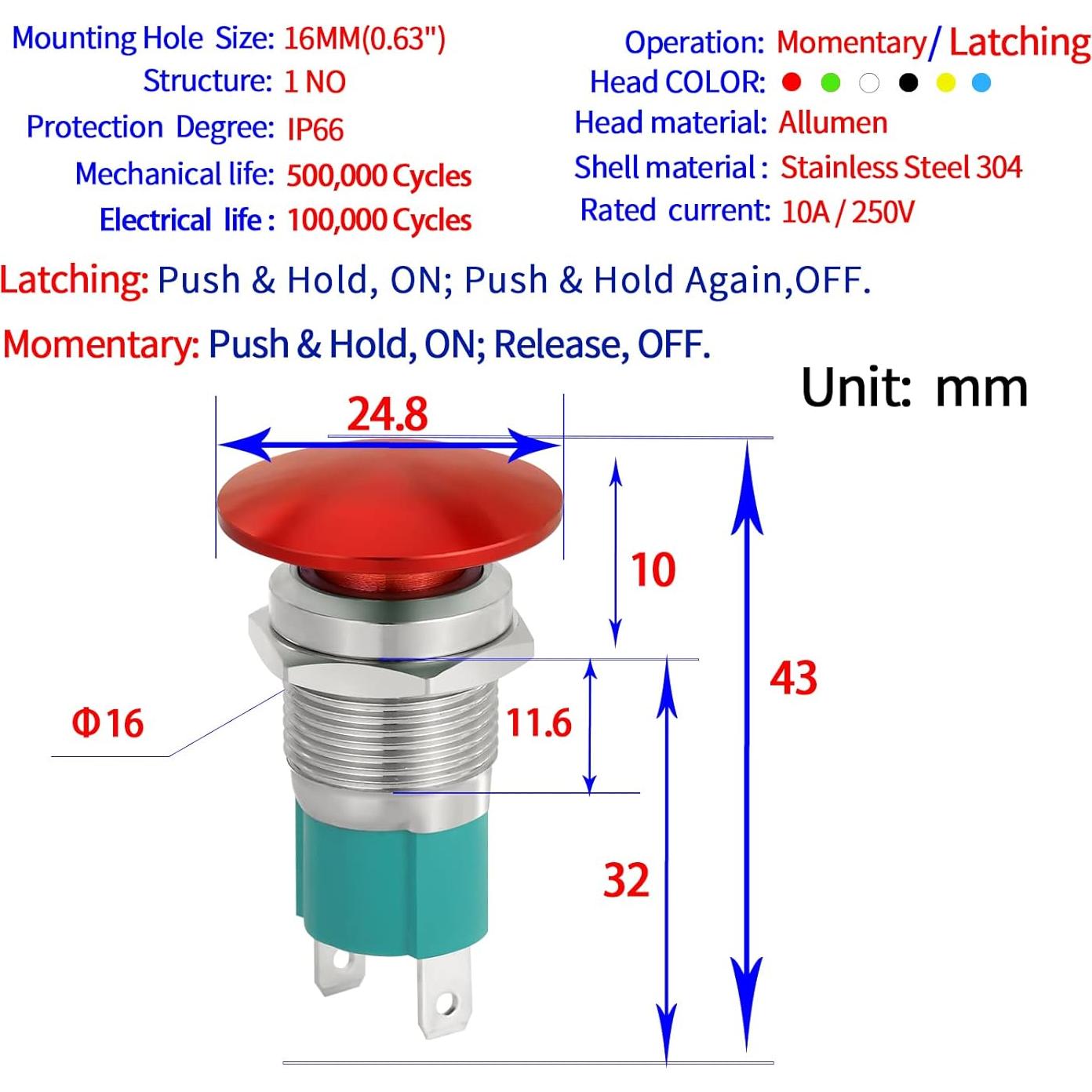 Interruptor pulsador 10A ZJWZJH 16mm Rojo a prueba de agua