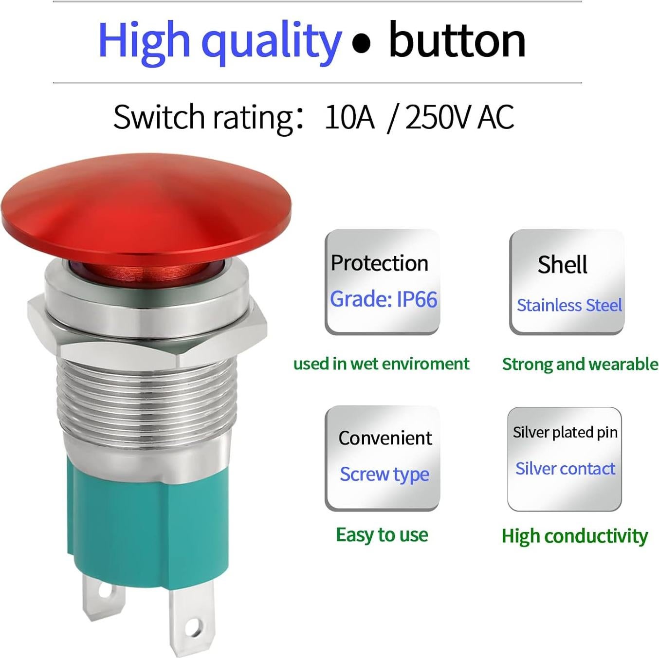 Interruptor pulsador 10A ZJWZJH 16mm Rojo a prueba de agua