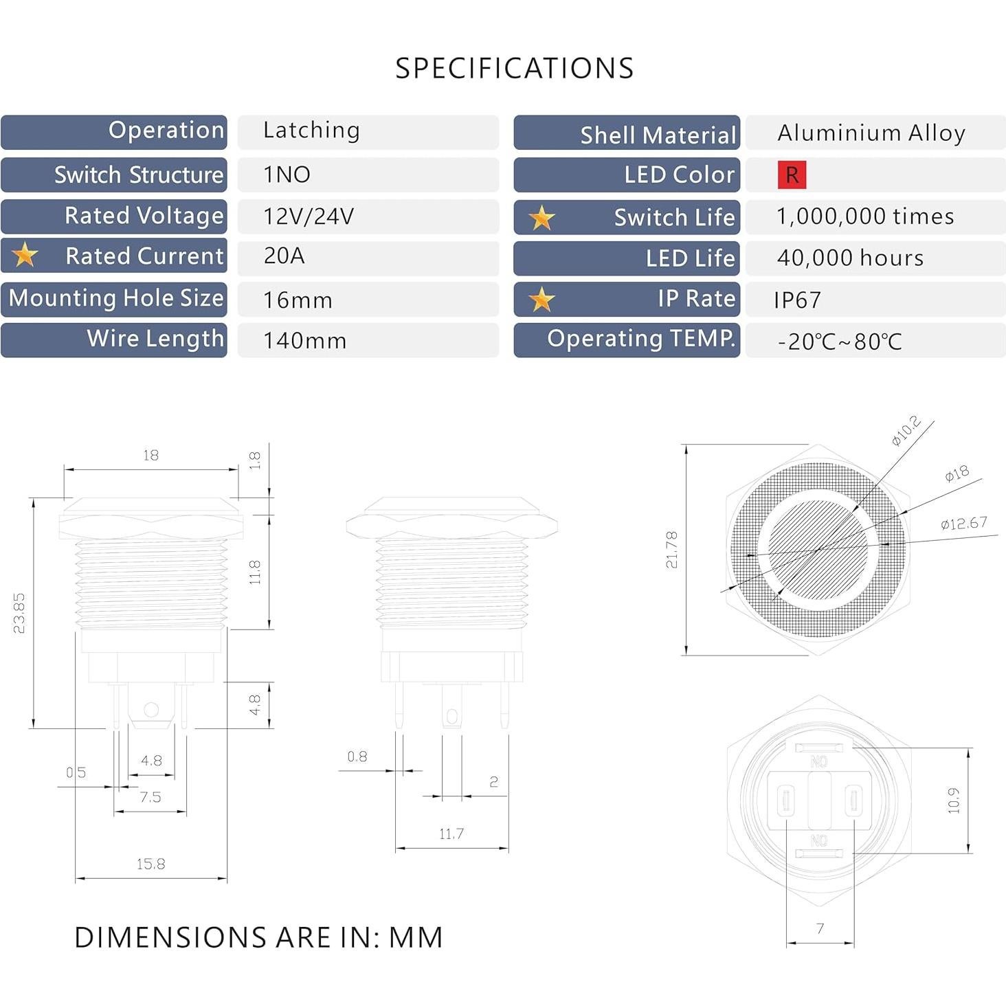 Interruptor pulsador LED 12-24V CC 20A Rojo 16mm IP67