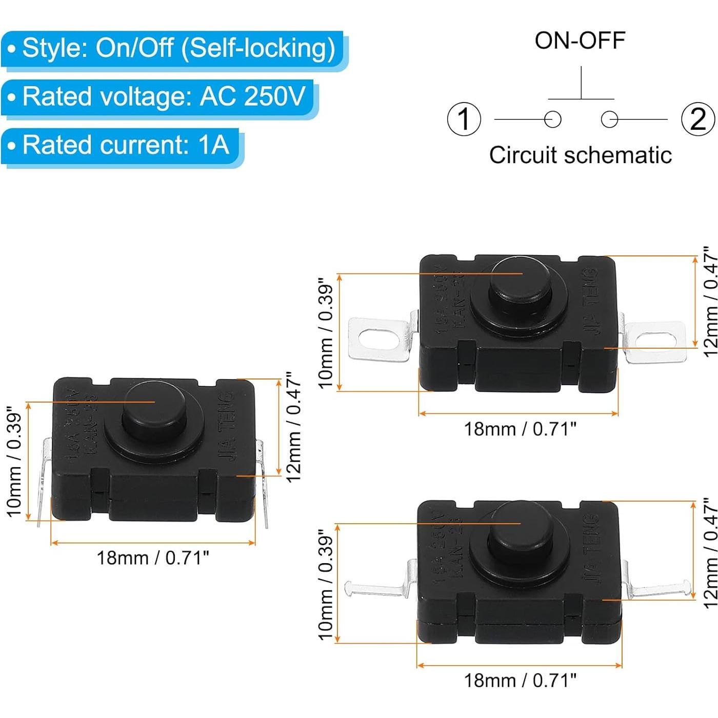 Interruptor de Botón de Presión PATIKIL 10 Pcs On/Off 250V 1.5A