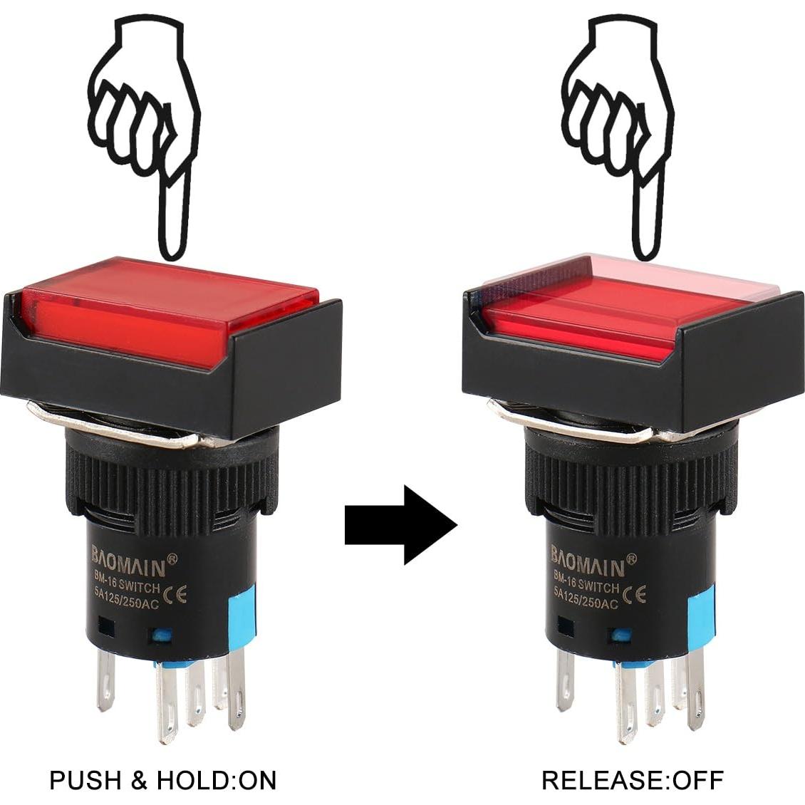 Interruptor Momentáneo Baomain 16mm Luz LED Roja DC 12V