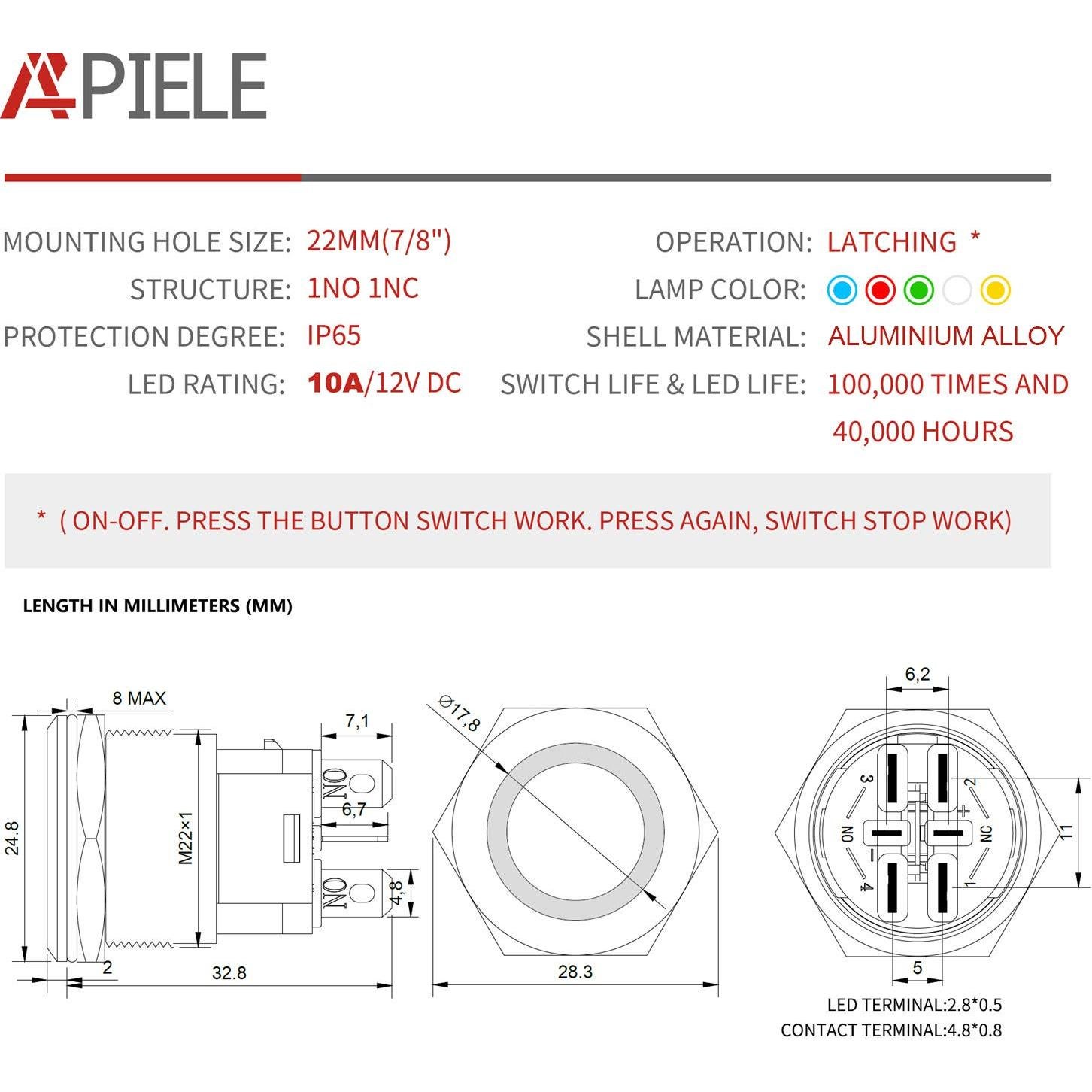 Interruptor de Botón de Presión APIELE 10A 12V LED Impermeable