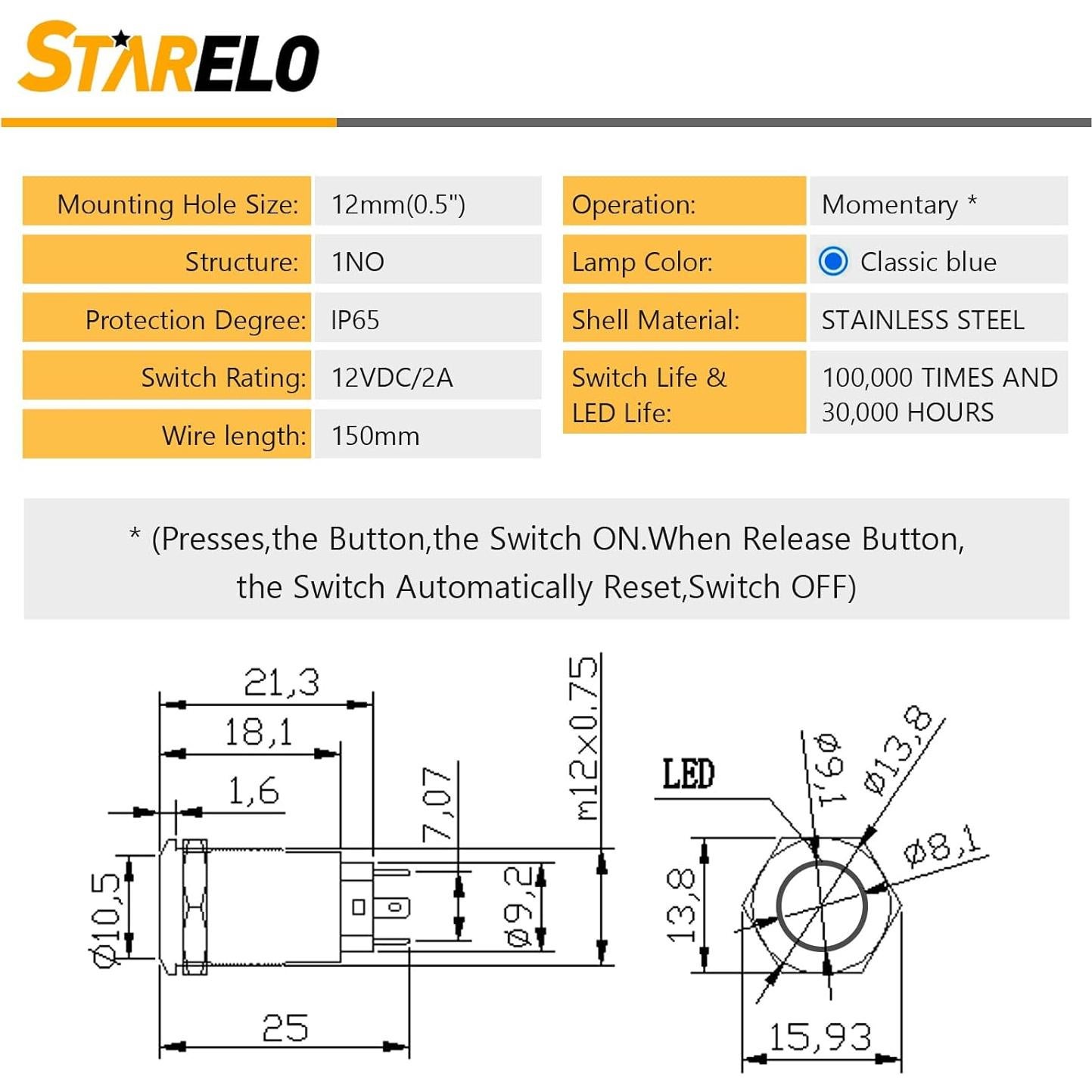 Interruptor Momentáneo LED 12mm STARELO 5pcs Carcasa Plateada
