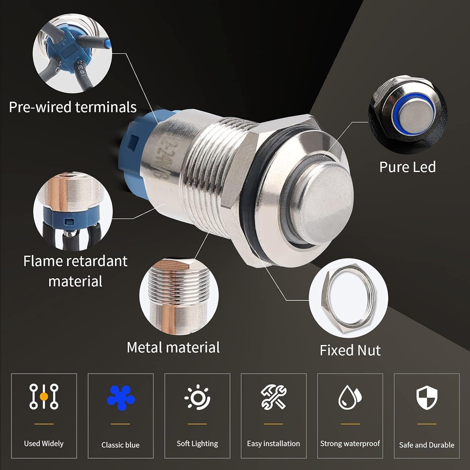 Interruptor Momentáneo LED 12mm STARELO 5pcs Carcasa Plateada