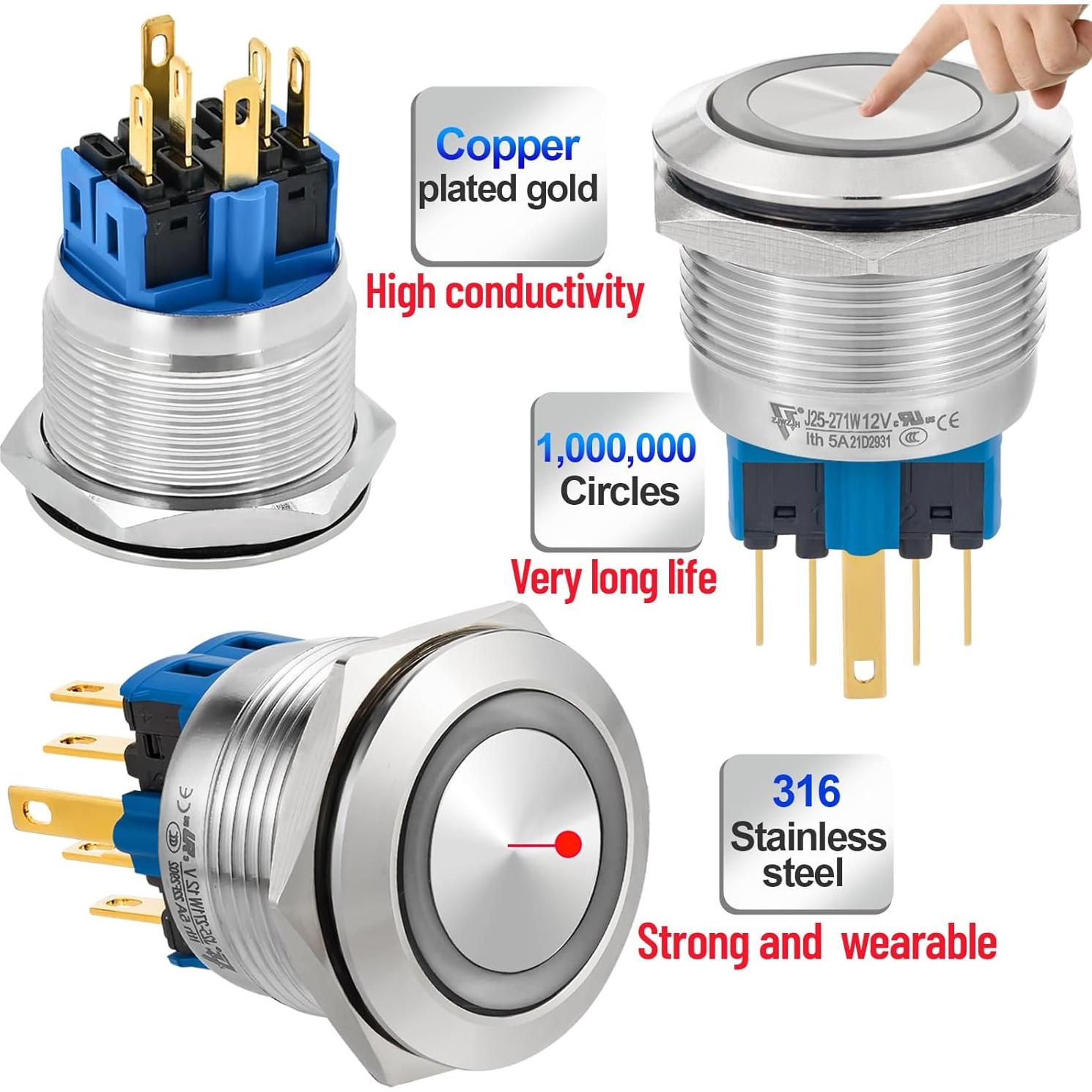 Interruptor Momentáneo 25mm Acero Inoxidable 304 LED 12V