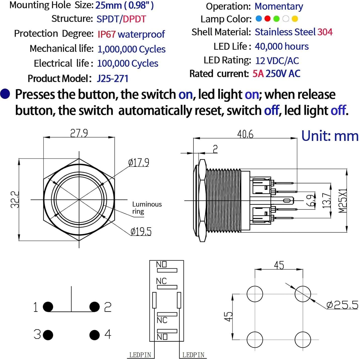 Interruptor Momentáneo 25mm Acero Inoxidable 304 LED 12V