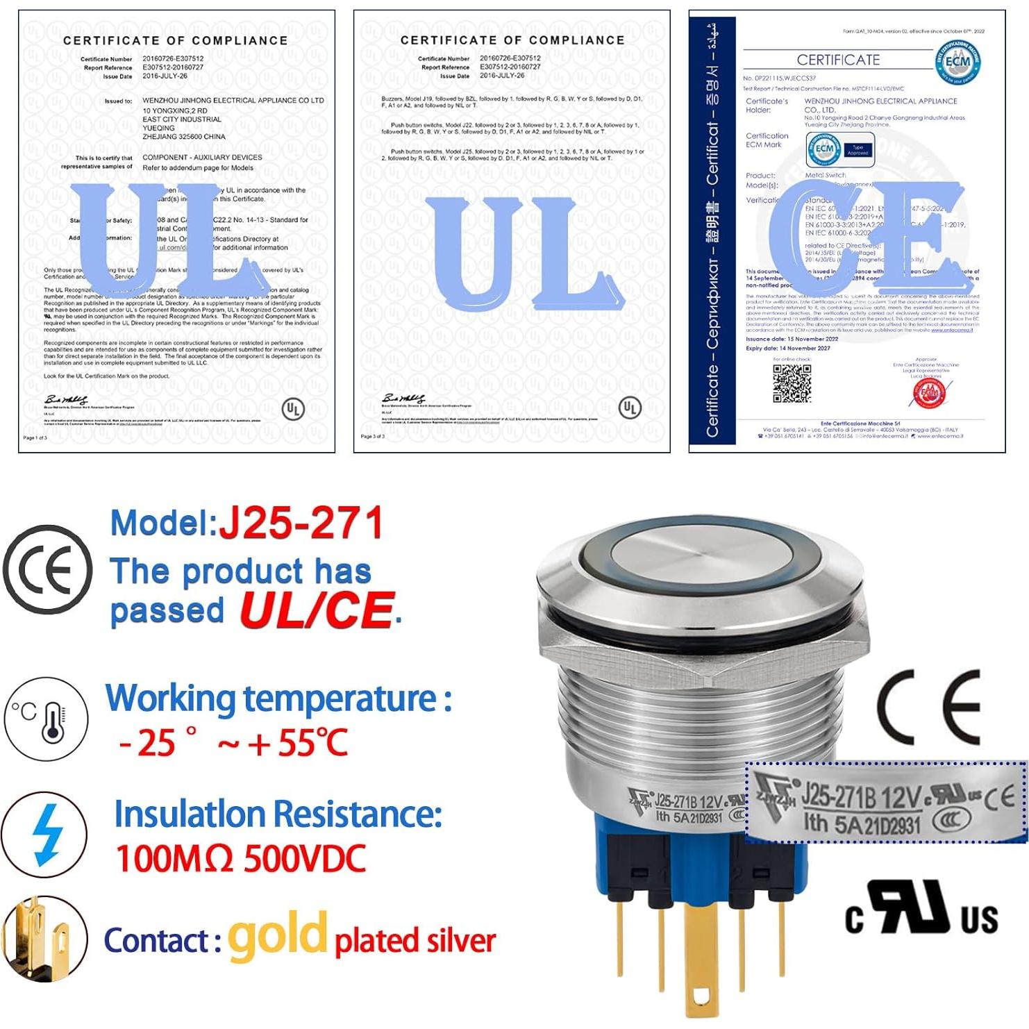 Interruptor Momentáneo 25mm Acero Inoxidable 304 LED 12V