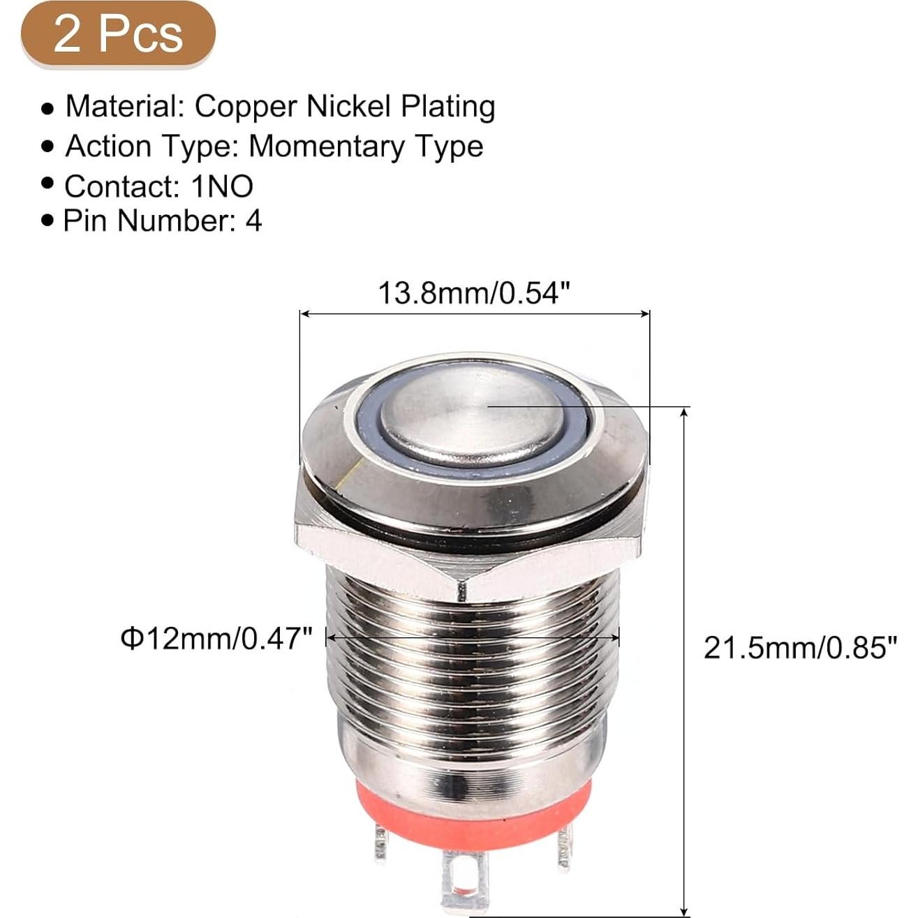 Interruptor de Botón Momentáneo uxcell 12mm 1NO LED Rojo 2pcs