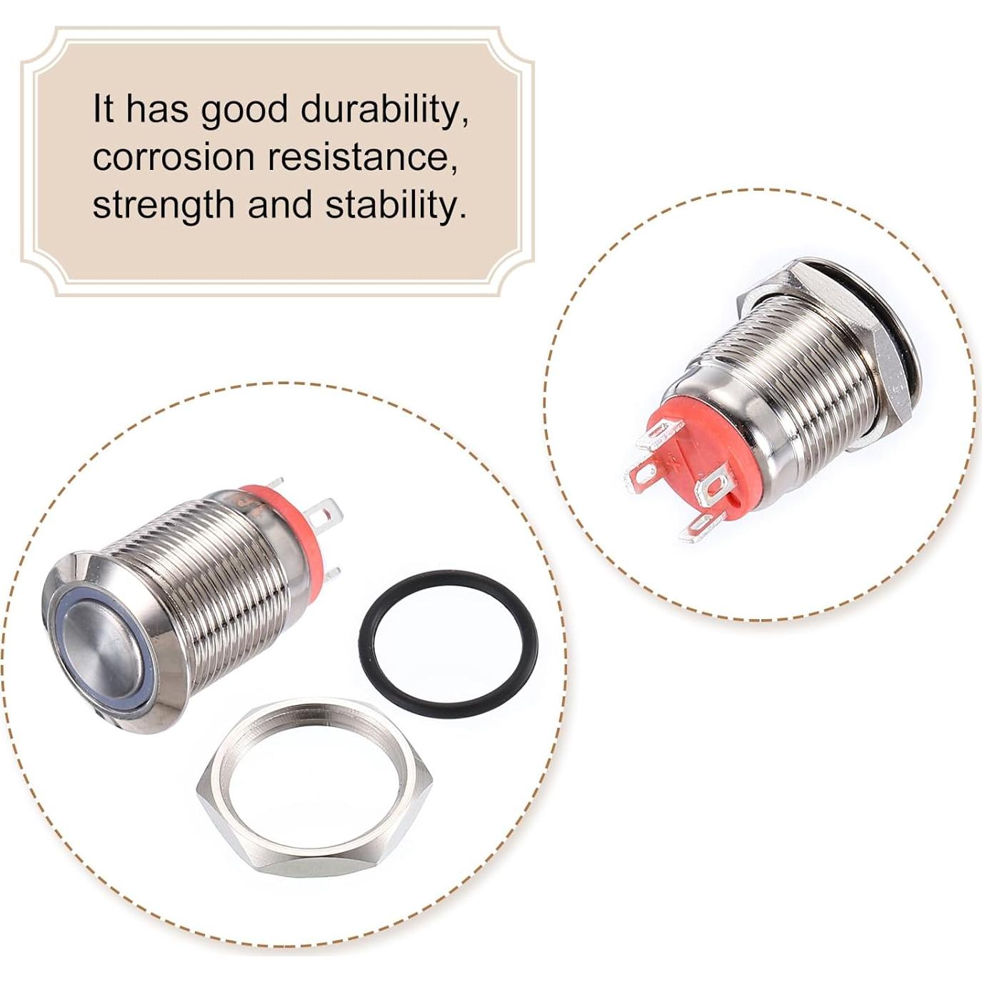 Interruptor de Botón Momentáneo uxcell 12mm 1NO LED Rojo 2pcs