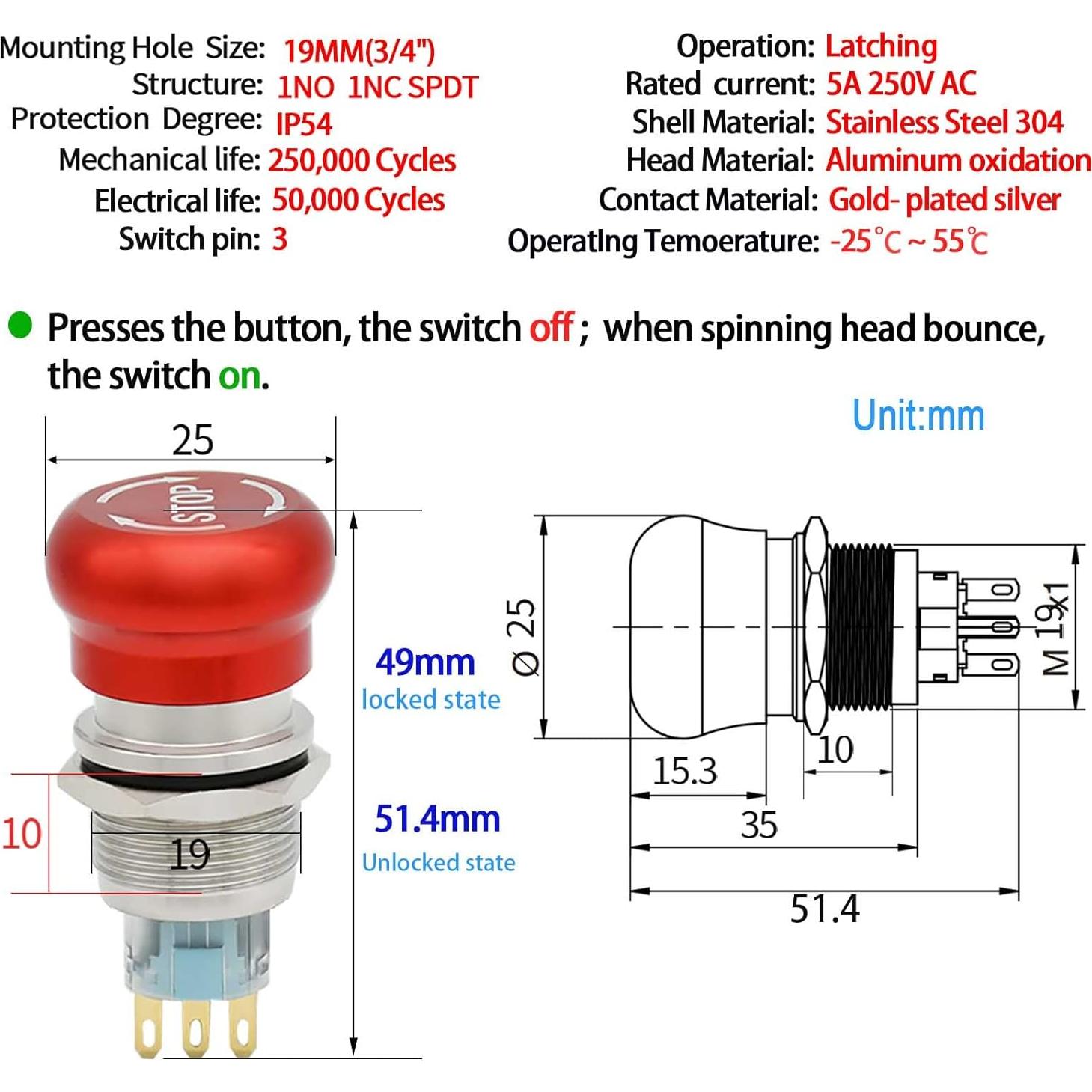 Interruptor de Parada de Emergencia 19mm ZJWZJH 5A SPDT