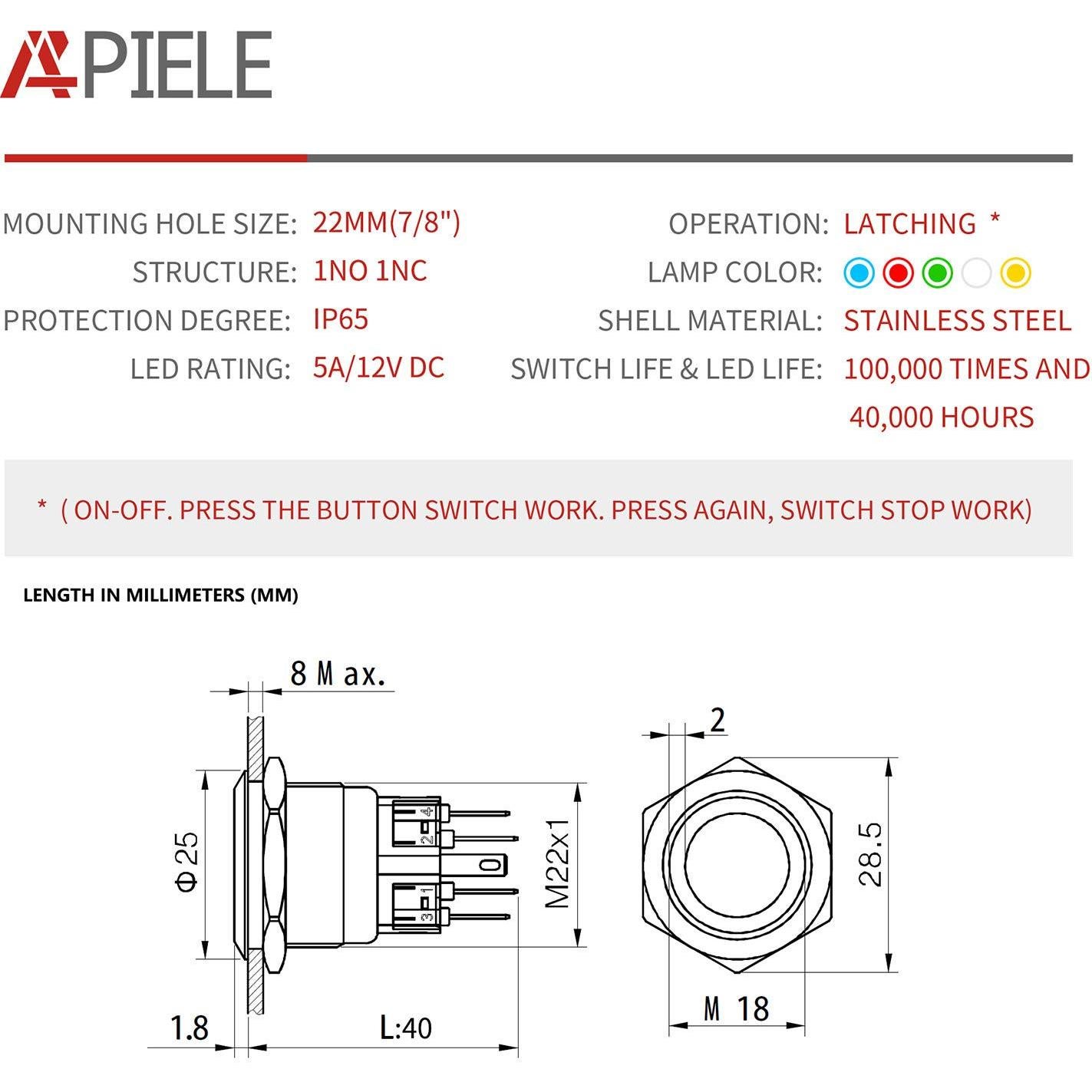 Interruptor de Botón de Presión APIELE 22mm Rojo IP65