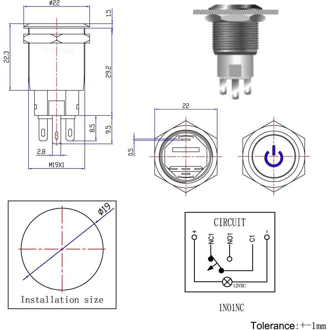 Interruptor Latching Ulincos U19C1 19mm Metal LED Verde
