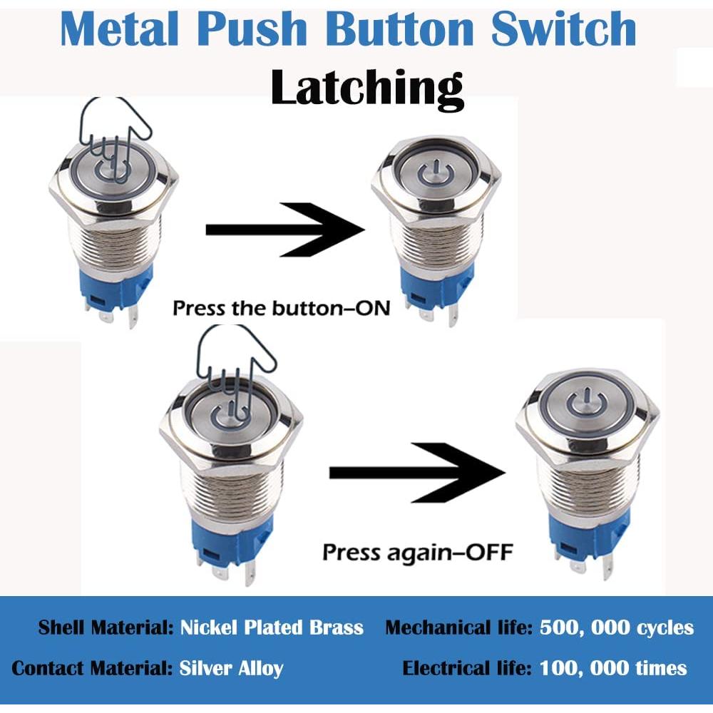 Interruptor de Botón de Presión Acero Inoxidable 16mm 12V-24V LED Rojo