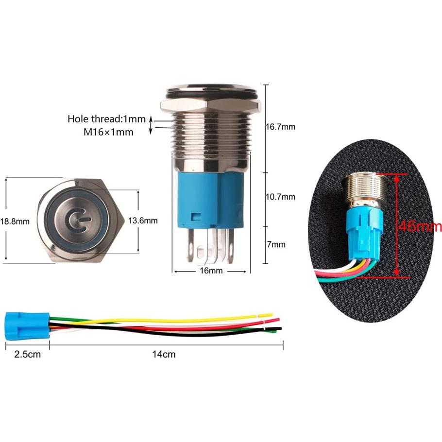 Interruptor de Botón de Presión Acero Inoxidable 16mm 12V-24V LED Rojo