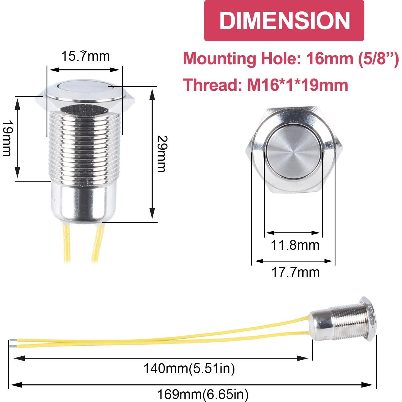 Interruptor pulsador metálico 16mm DMWD IP67 10A 12V-24V