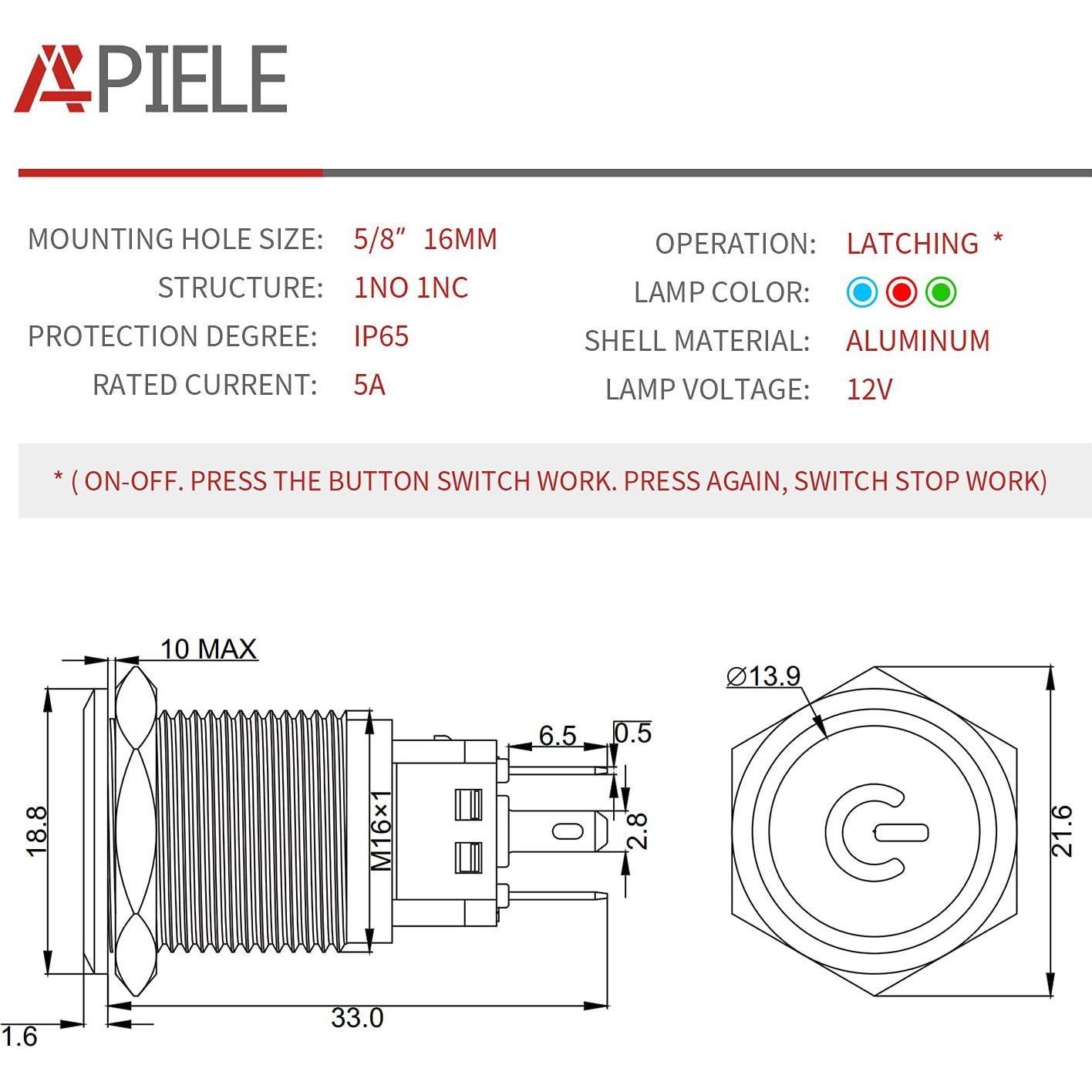 Interruptor de Botón de Presión APIELE 16mm 12V LED Verde/Negro