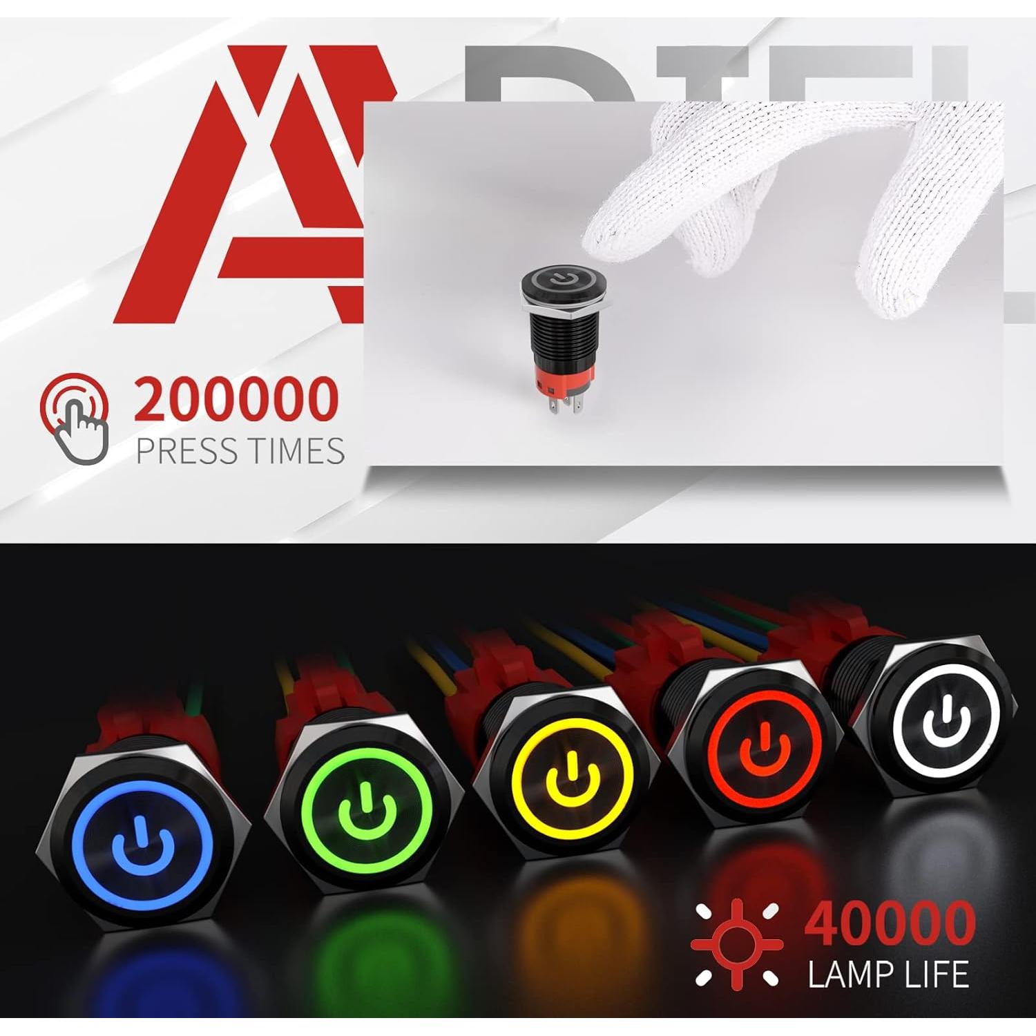 Interruptor de Botón de Presión APIELE 16mm 12V LED Verde/Negro