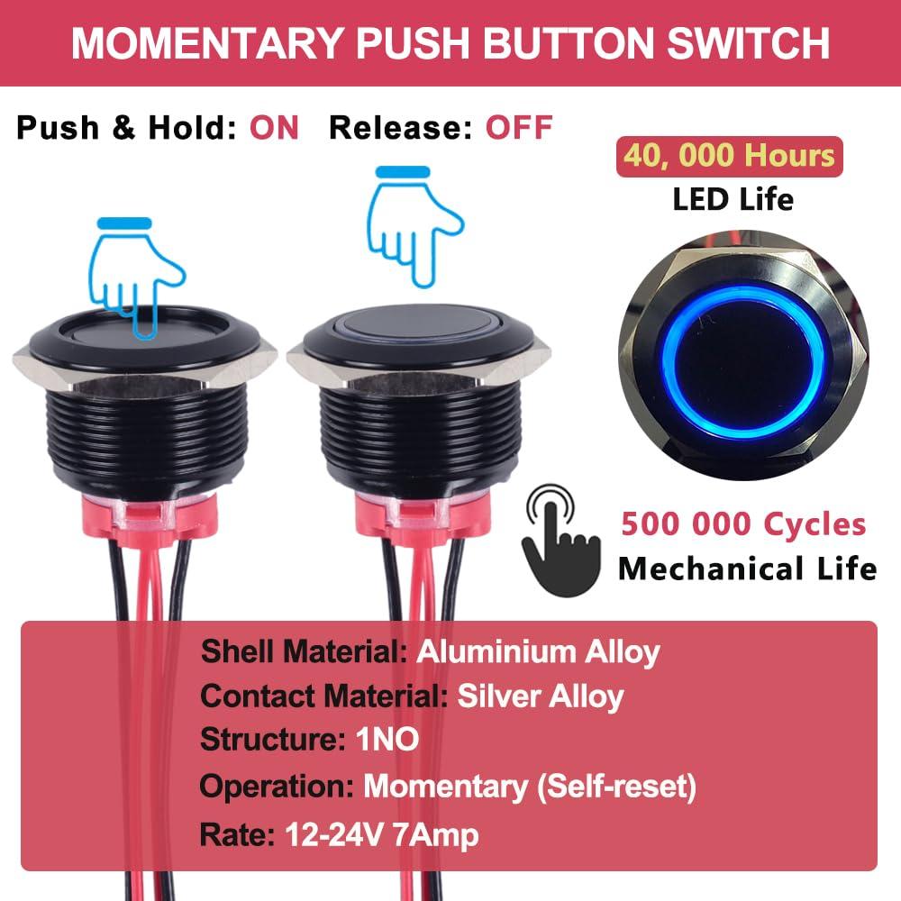 Interruptor Momentáneo 22mm DMWD Metal Impermeable 7Amp 12-24V
