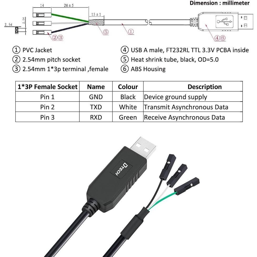 Cable USB a TTL 1.83m DTECH FT232RL 3.3V UART Adaptador