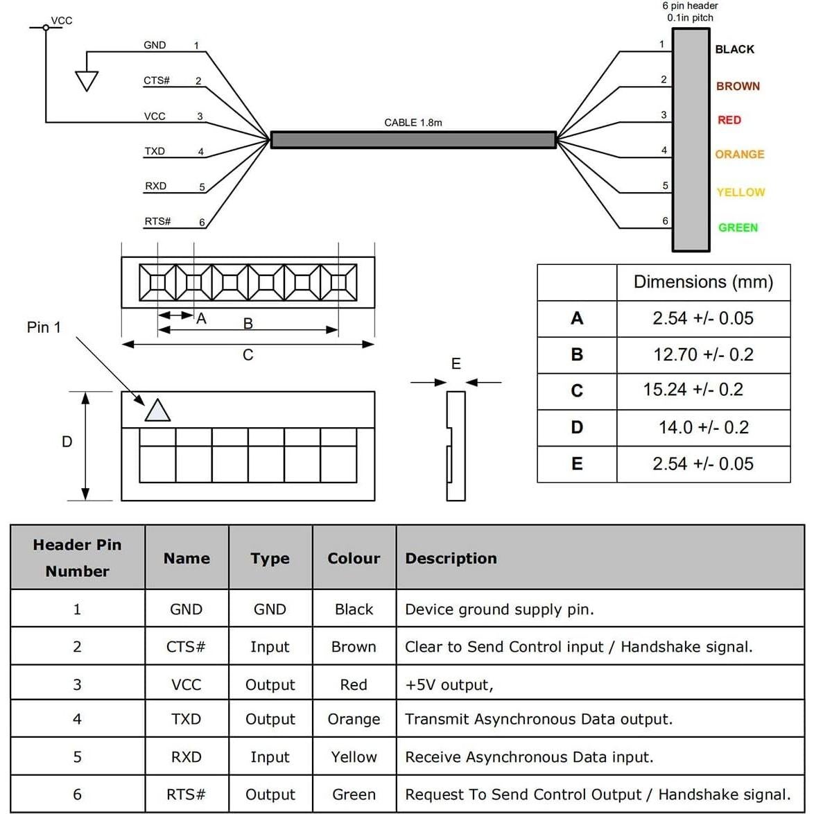 Cable Serial TTL USB FTDI 3.3V 5V 1.8m 6 Pines Dupont