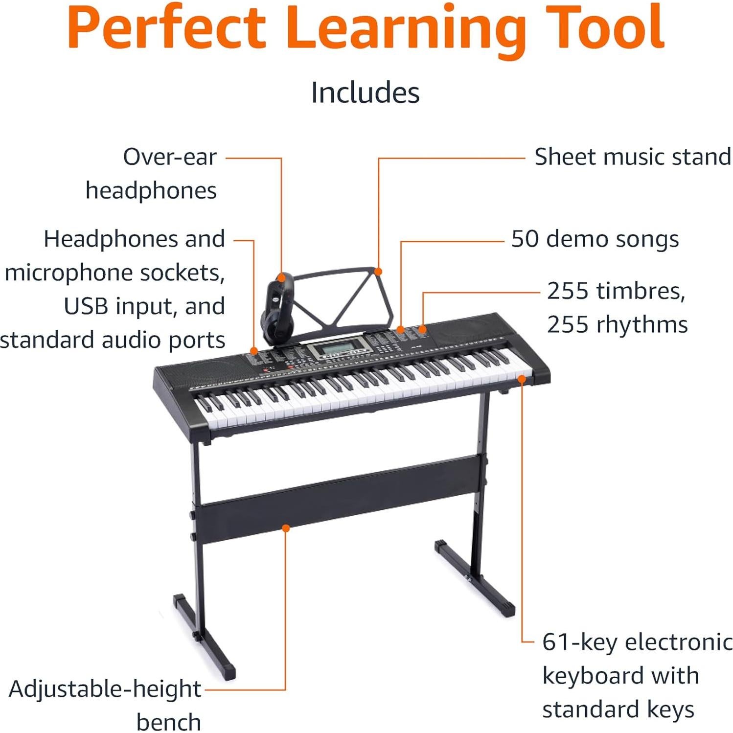 Piano Eléctrico Amazon Basics JK 80 con 61 Teclas y Altavoces