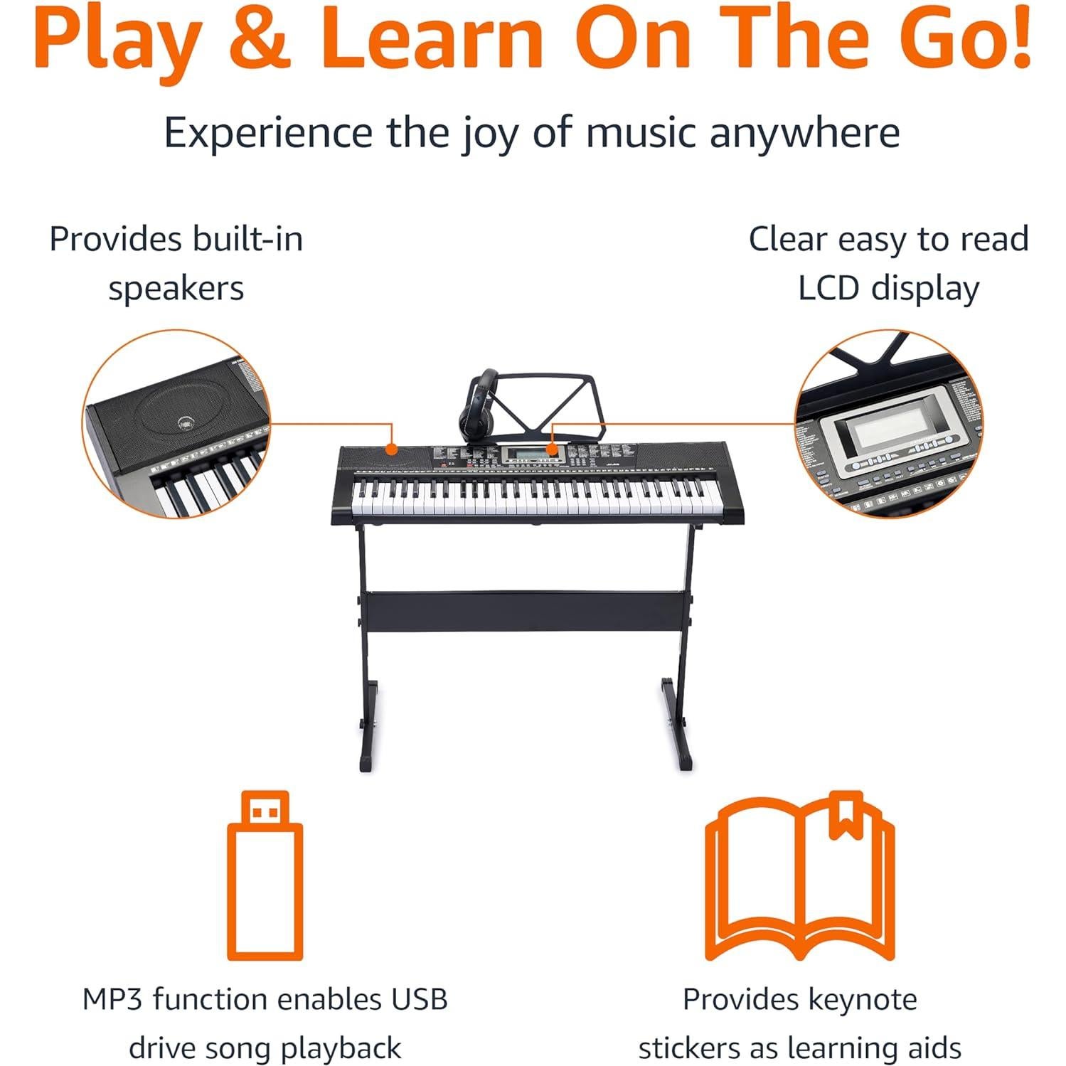 Piano Eléctrico Amazon Basics JK 80 con 61 Teclas y Altavoces