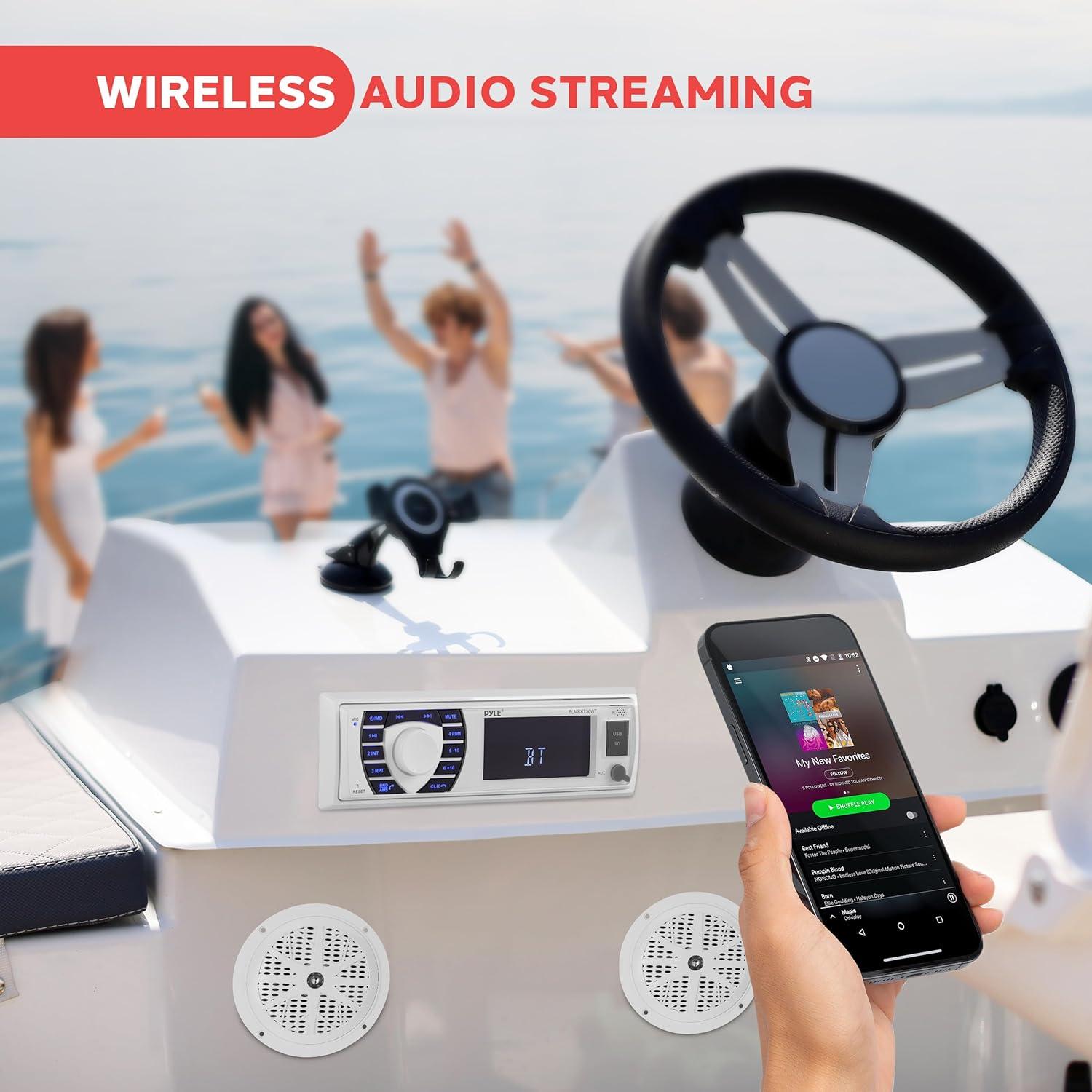 Kit Receptor y Altavoces Marinos Pyle PLMRKT36WT Bluetooth 5.25"