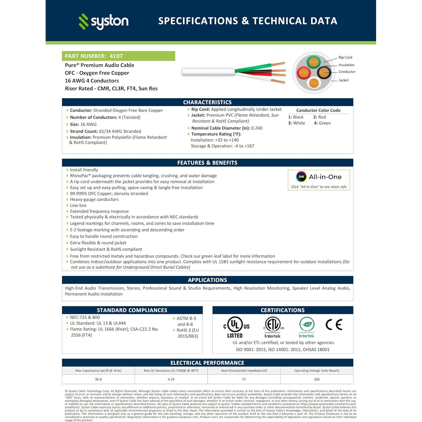 Cable de Audio SYSTON 16/4 OFC 30.48 m Blanco para Altavoces