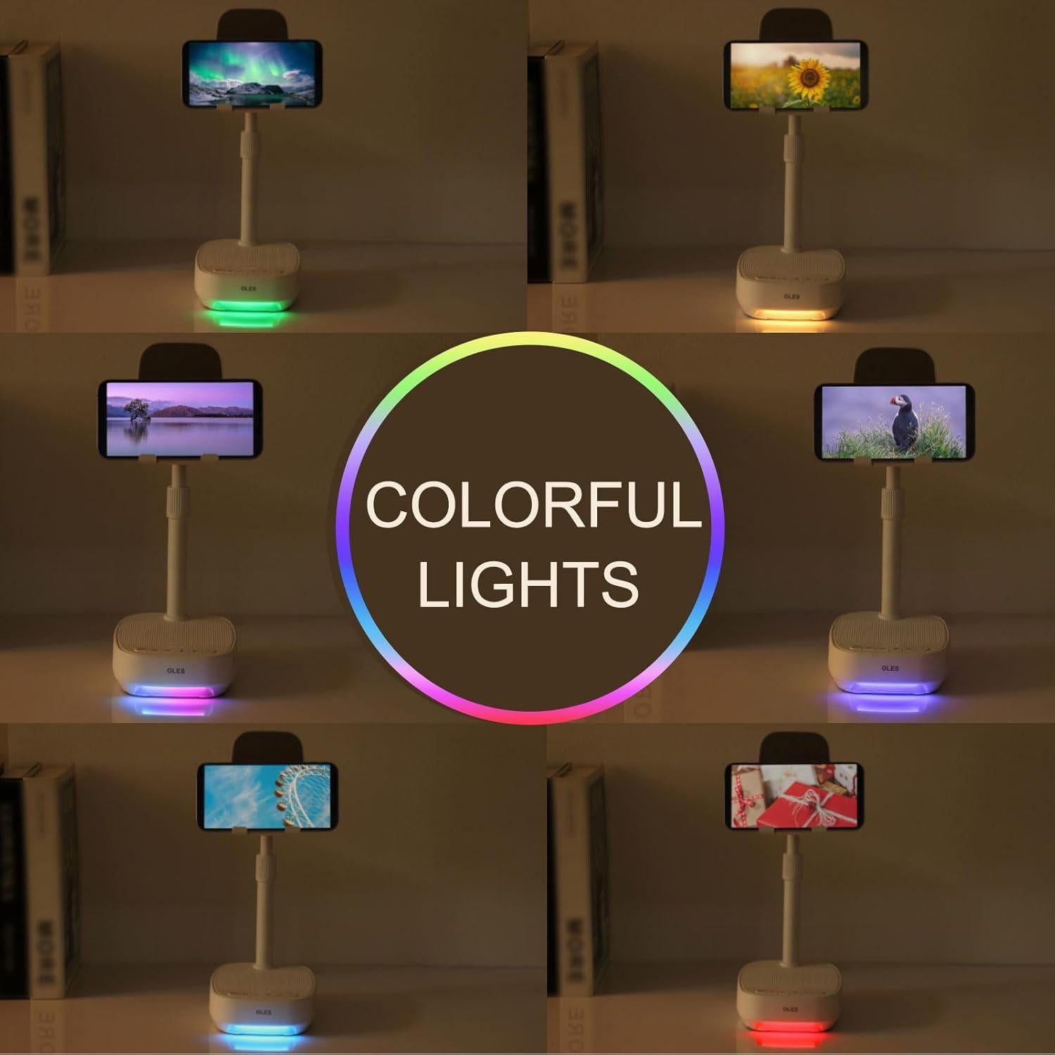 Soporte Ajustable para Teléfono Móvil OLES con Altavoz Bluetooth y Luz LED