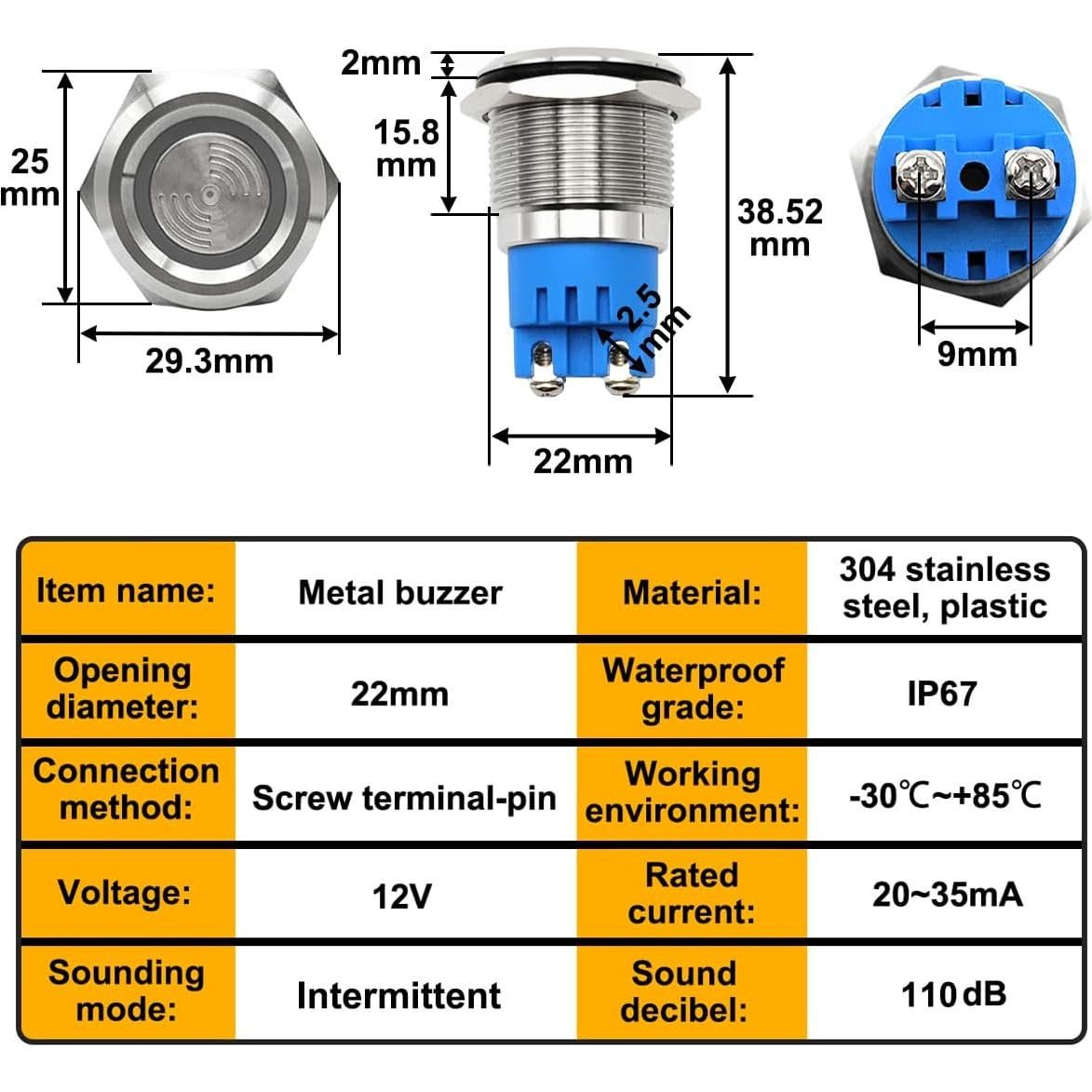 Zumbador Electrónico de Metal HANSOO 12V 110dB IP67 2PCS