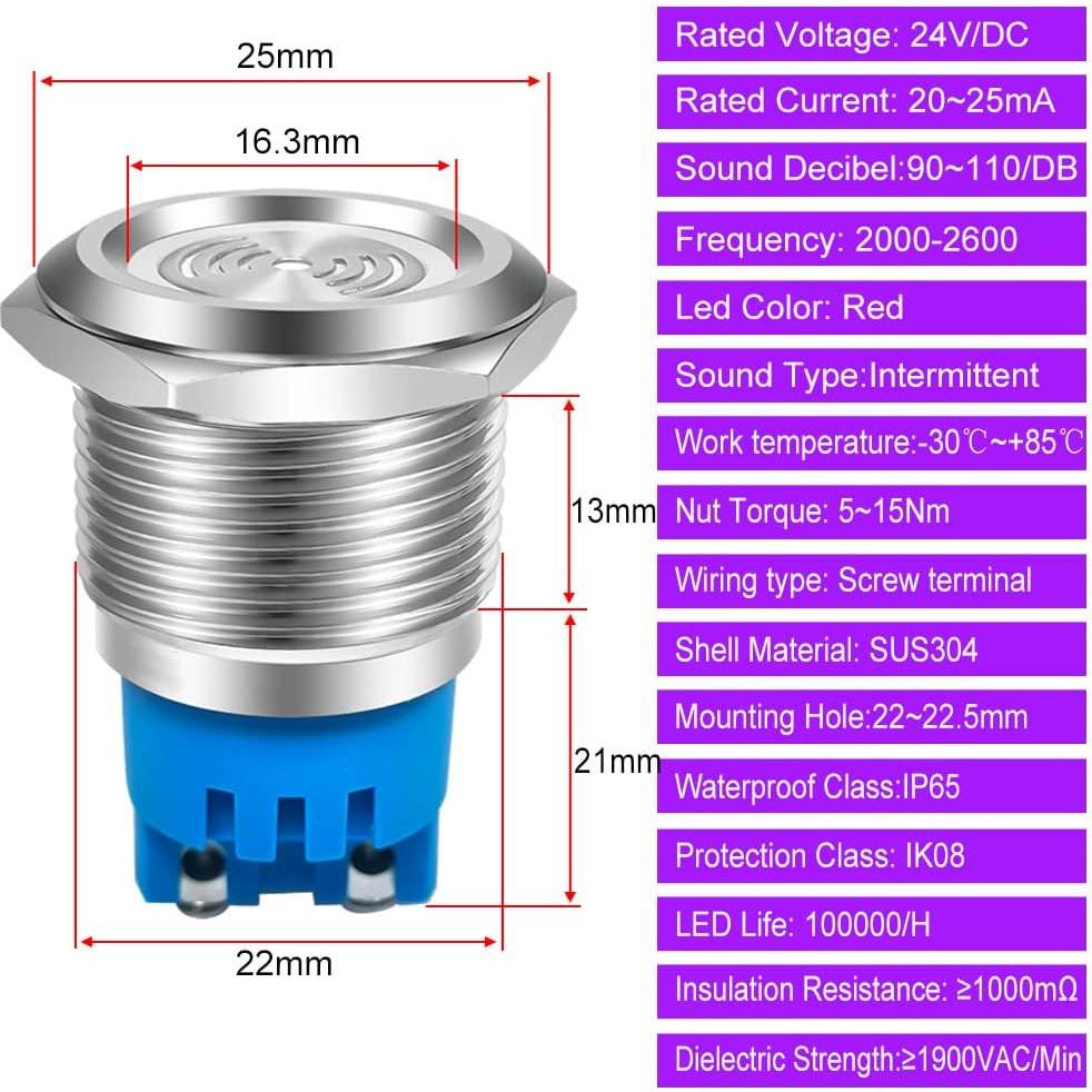 2 Piezas Luz de Alarma Flash Rojo 24V IP65 Gebildet 22mm