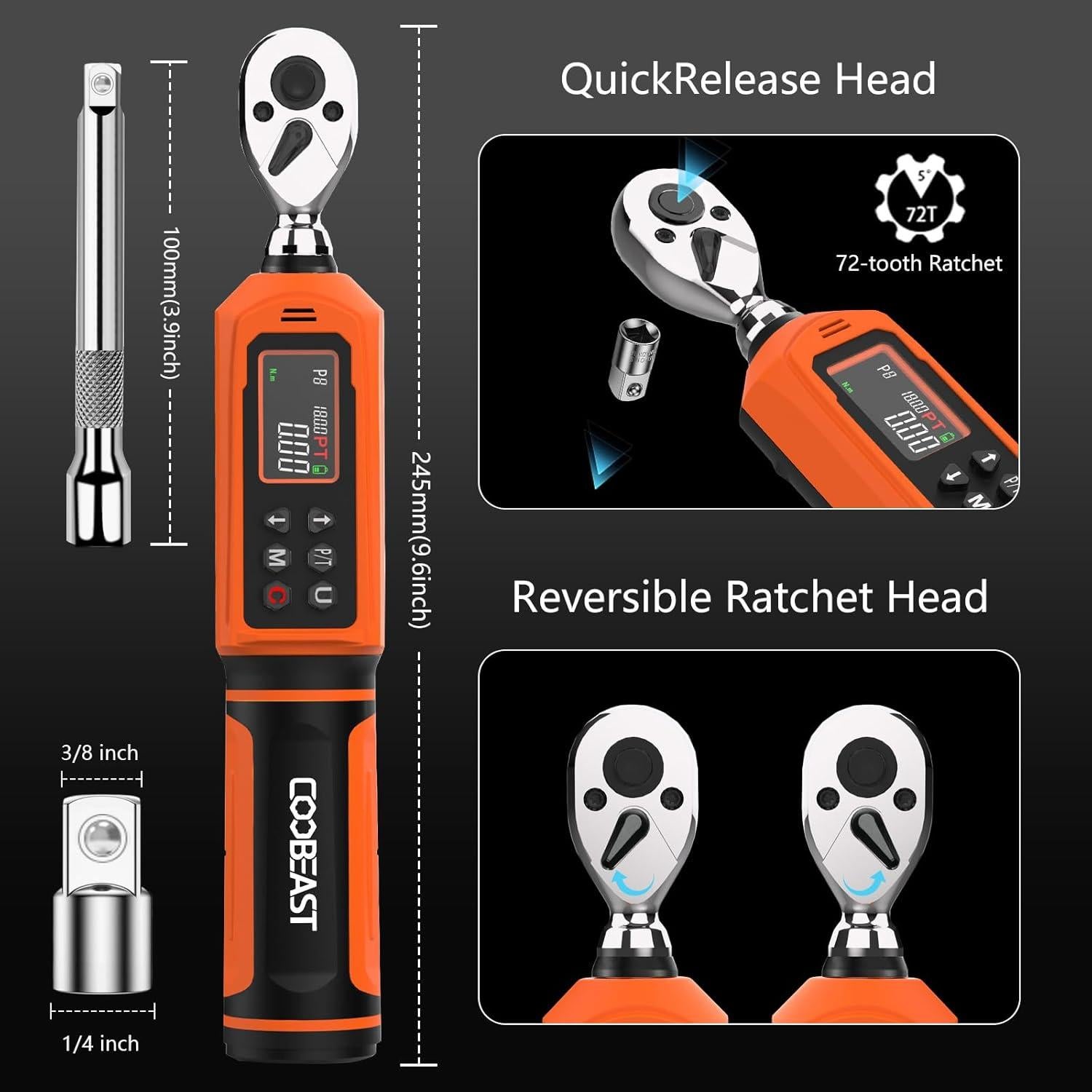 Llave de Torque Digital 1/4" Coobeast 0.45-30Nm con Pantalla LCD
